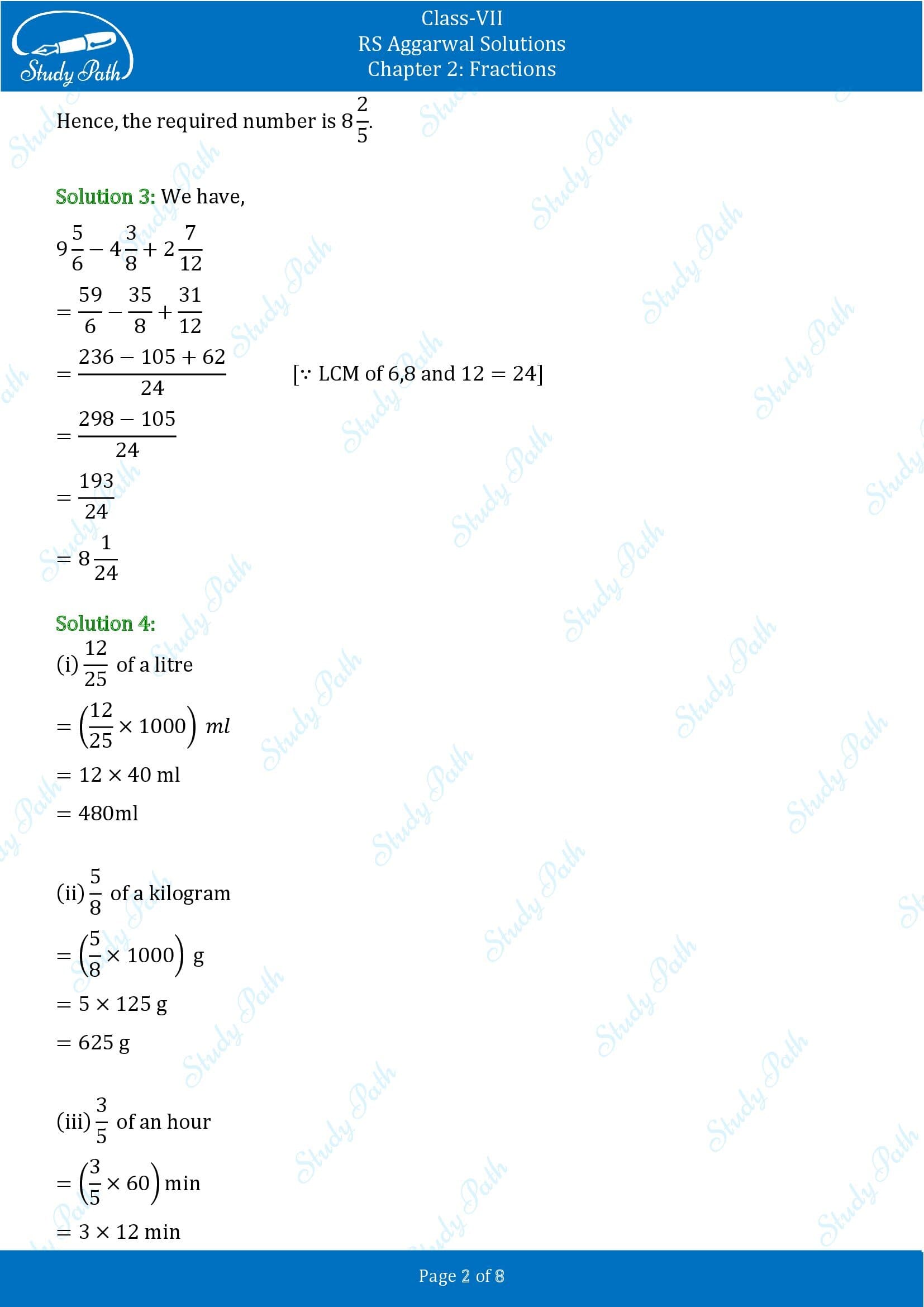 RS Aggarwal Solutions Class 7 Chapter 2 Fractions Test Paper 00002