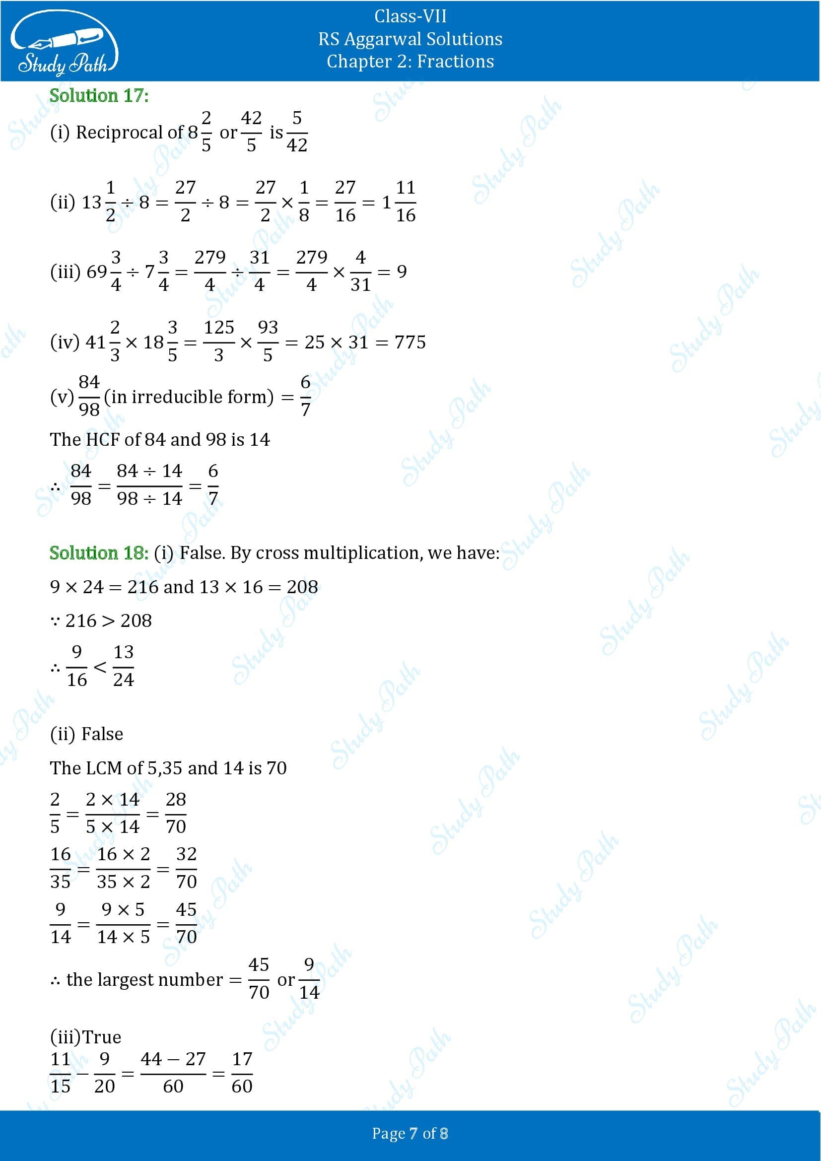 RS Aggarwal Solutions Class 7 Chapter 2 Fractions Test Paper 00007