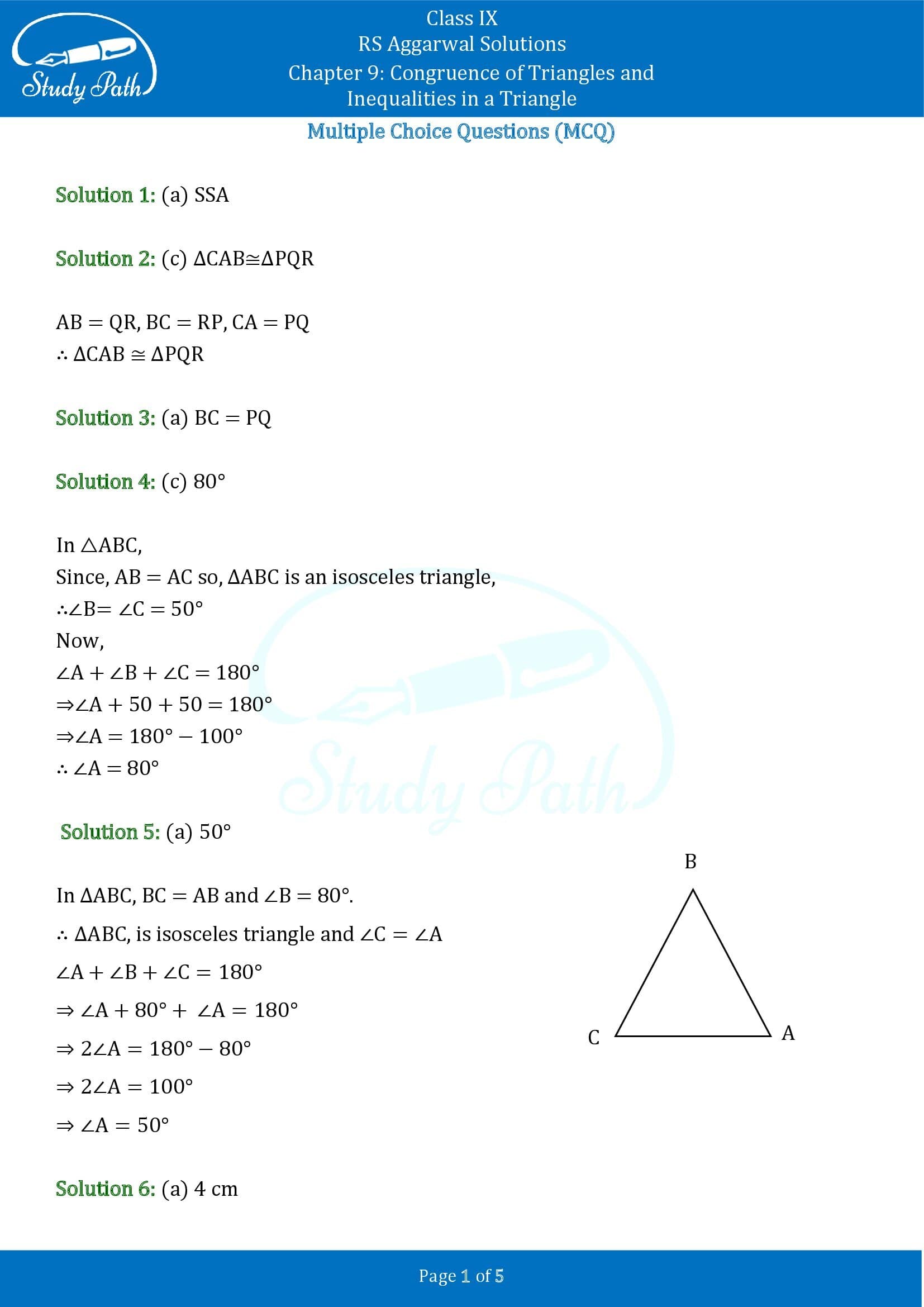 RS Aggarwal Solutions Class 9 Chapter 9 Congruence of Triangles and Inequalities in a Triangle Multiple Choice Questions MCQs 00001
