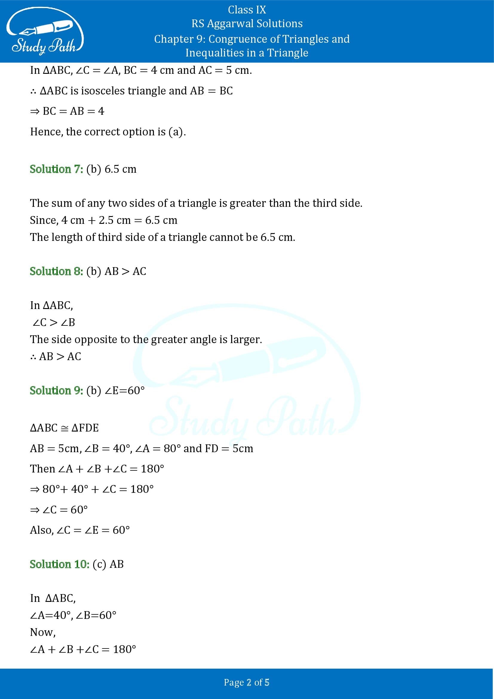 RS Aggarwal Solutions Class 9 Chapter 9 Congruence of Triangles and Inequalities in a Triangle Multiple Choice Questions MCQs 00002