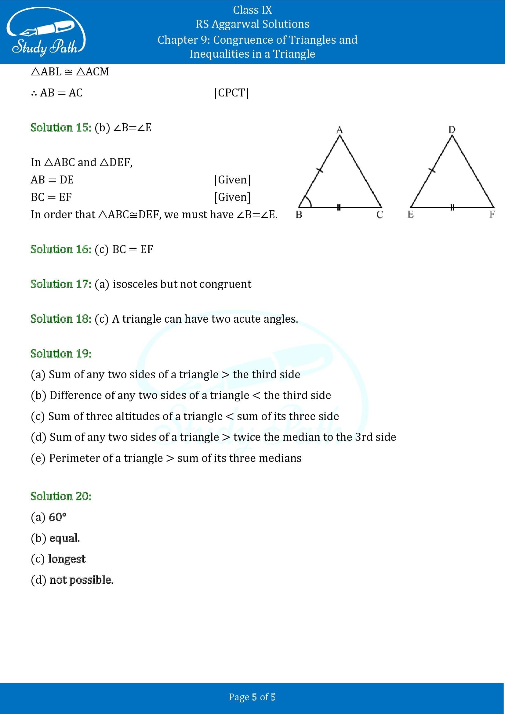 RS Aggarwal Solutions Class 9 Chapter 9 Congruence of Triangles and Inequalities in a Triangle Multiple Choice Questions MCQs 00005