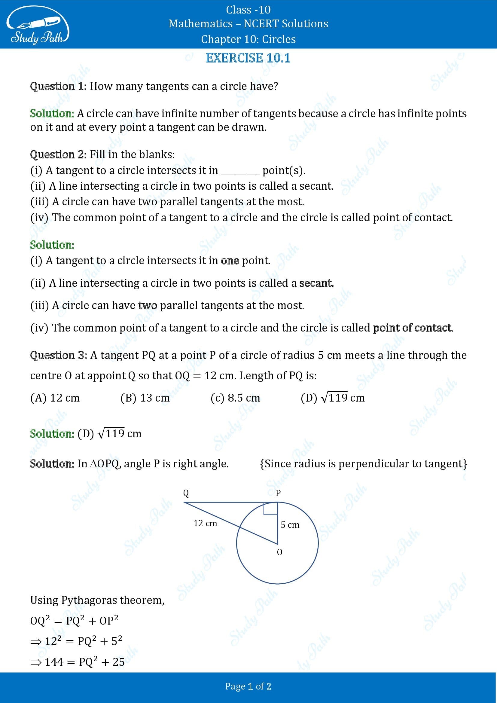 NCERT Solutions for Class 10 Maths Chapter 10 Circles Exercise 10.1 00001