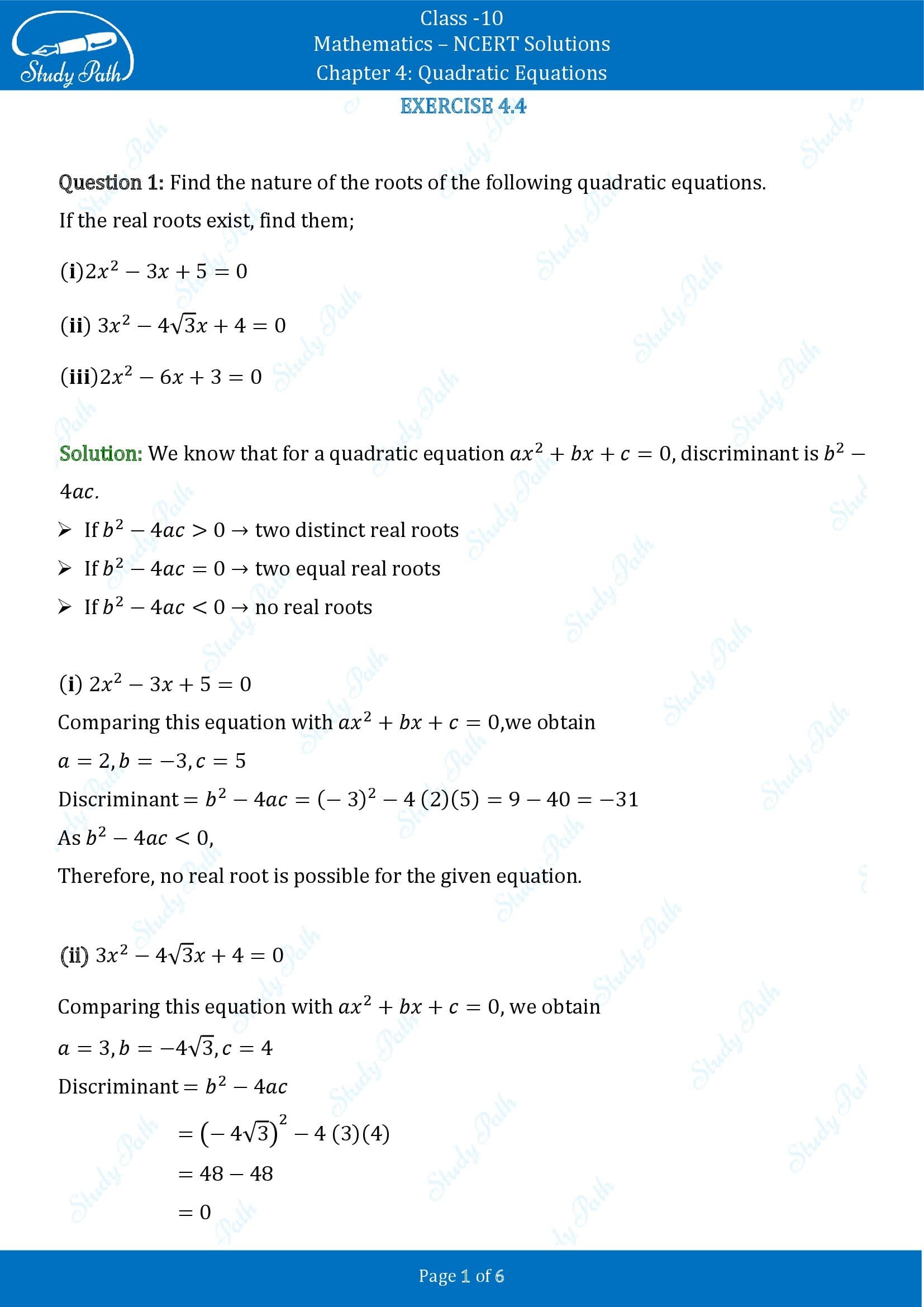 NCERT Solutions for Class 10 Maths Chapter 4 Quadratic Equations Exercise 4.4 00001