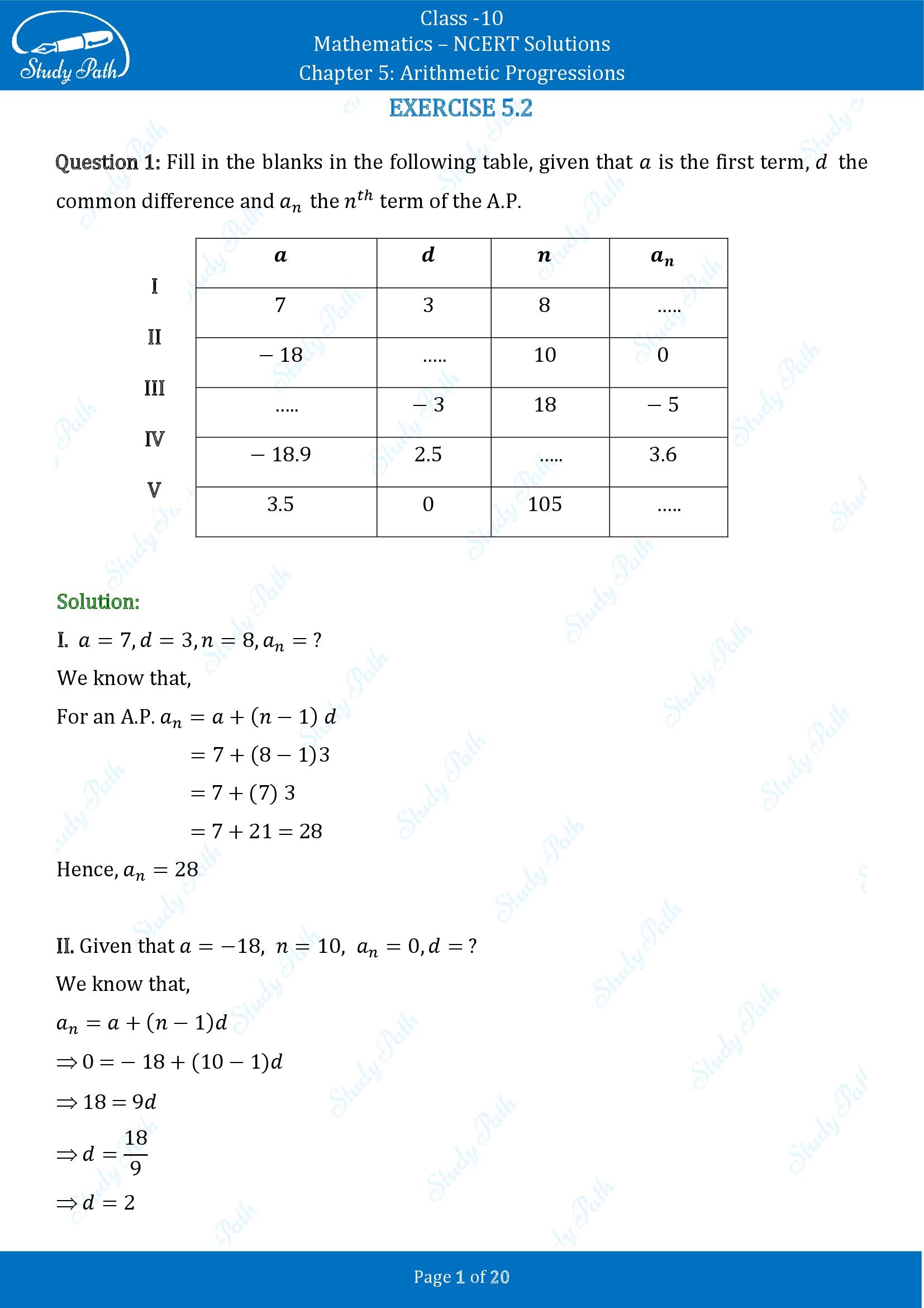 NCERT Solutions for Class 10 Maths Chapter 5 Arithmetic Progressions Exercise 5.2 00001