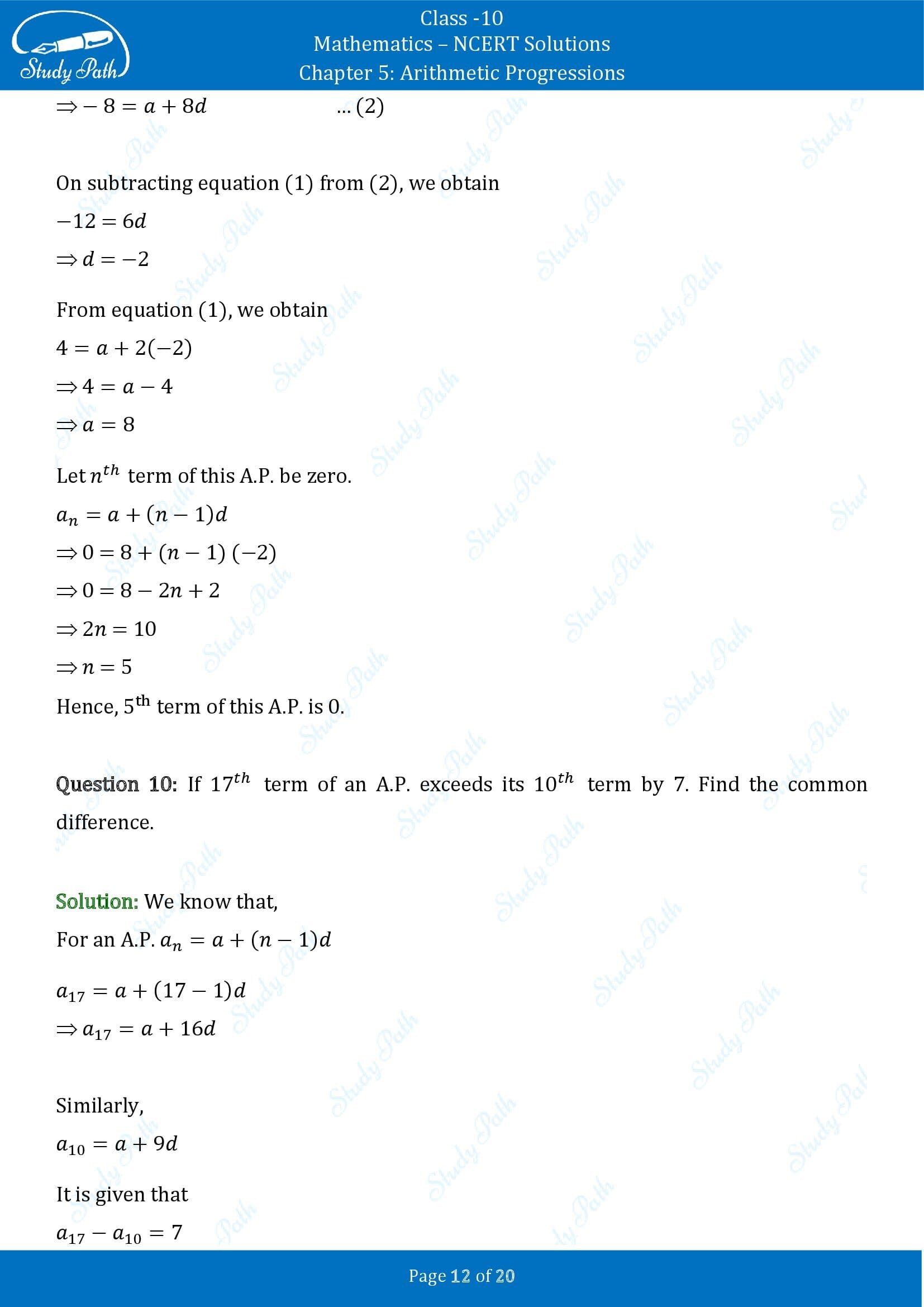 NCERT Solutions for Class 10 Maths Chapter 5 Arithmetic Progressions Exercise 5.2 00012