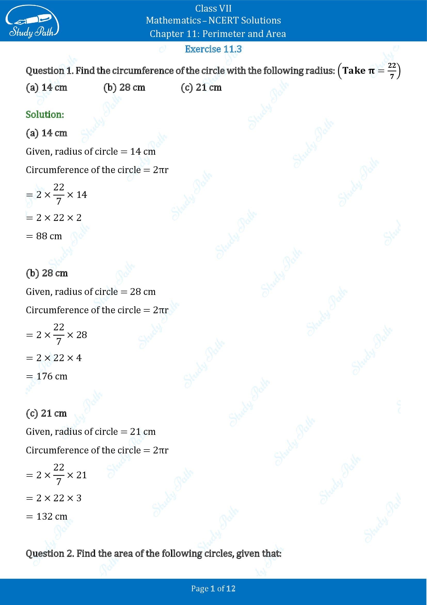 NCERT Solutions for Class 7 Maths Chapter 11 Perimeter and Area Exercise 11.3 00001