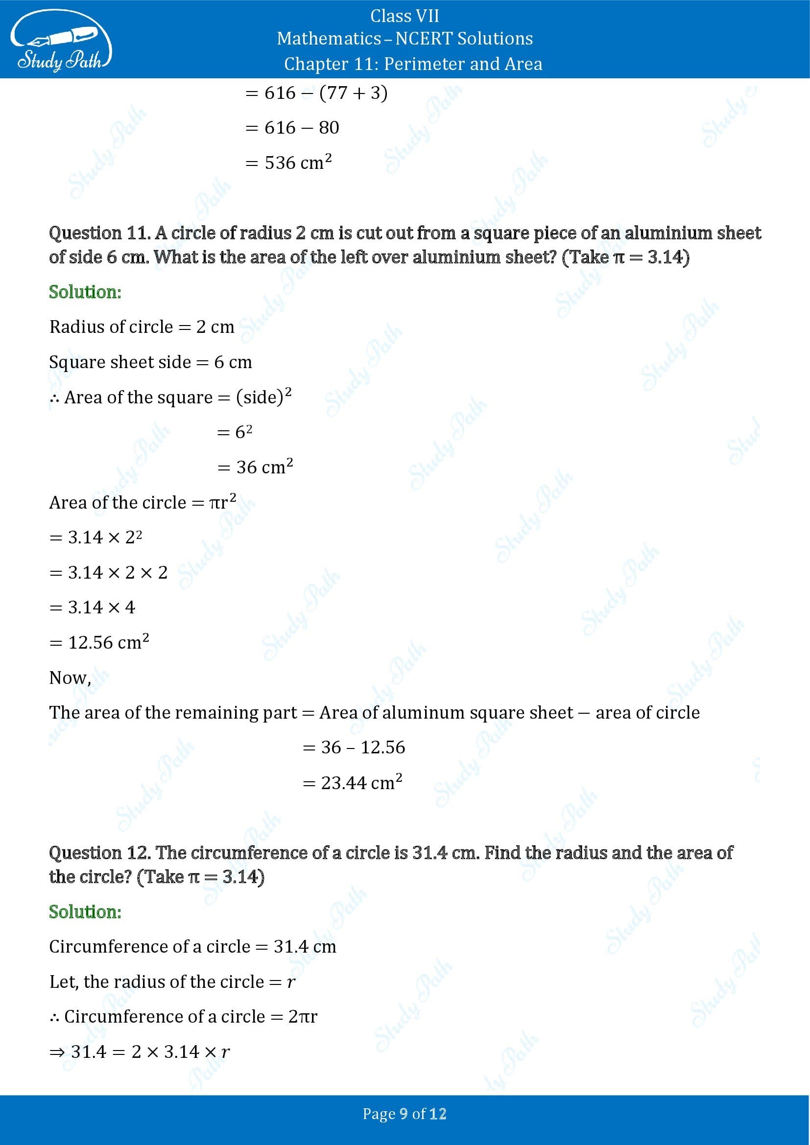 NCERT Solutions for Class 7 Maths Chapter 11 Perimeter and Area Exercise 11.3 00009