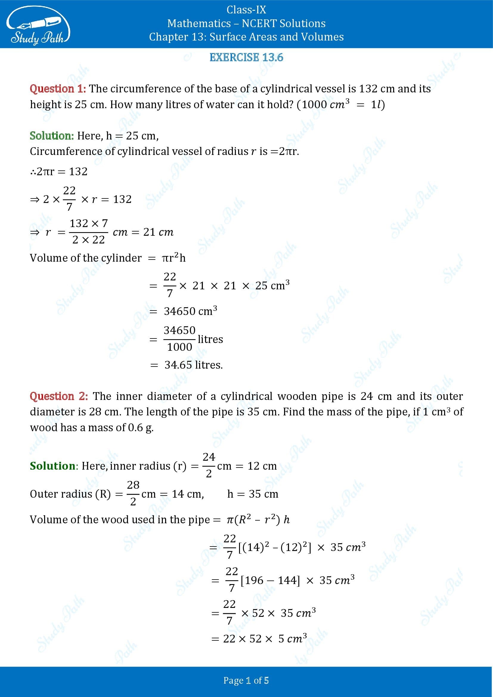 NCERT Solutions for Class 9 Maths Chapter 13 Surface Areas and Volumes Exercise 13.6 00001