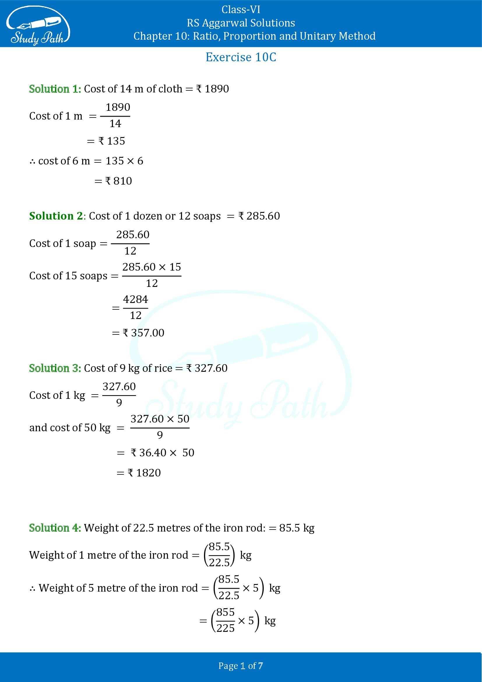 RS Aggarwal Solutions Class 6 Chapter 10 Ratio Proportion and Unitary Method Exercise 10C 00001