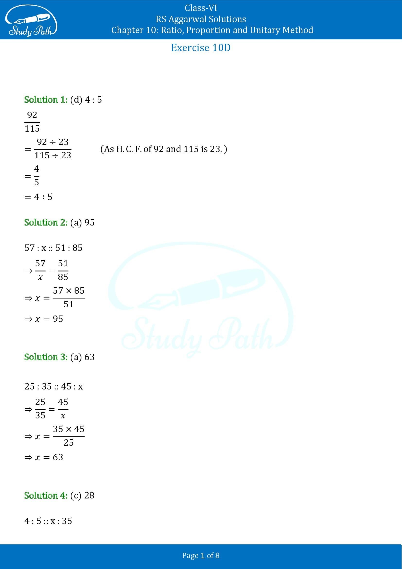 RS Aggarwal Solutions Class 6 Chapter 10 Ratio Proportion and Unitary Method Exercise 10D MCQs 00001