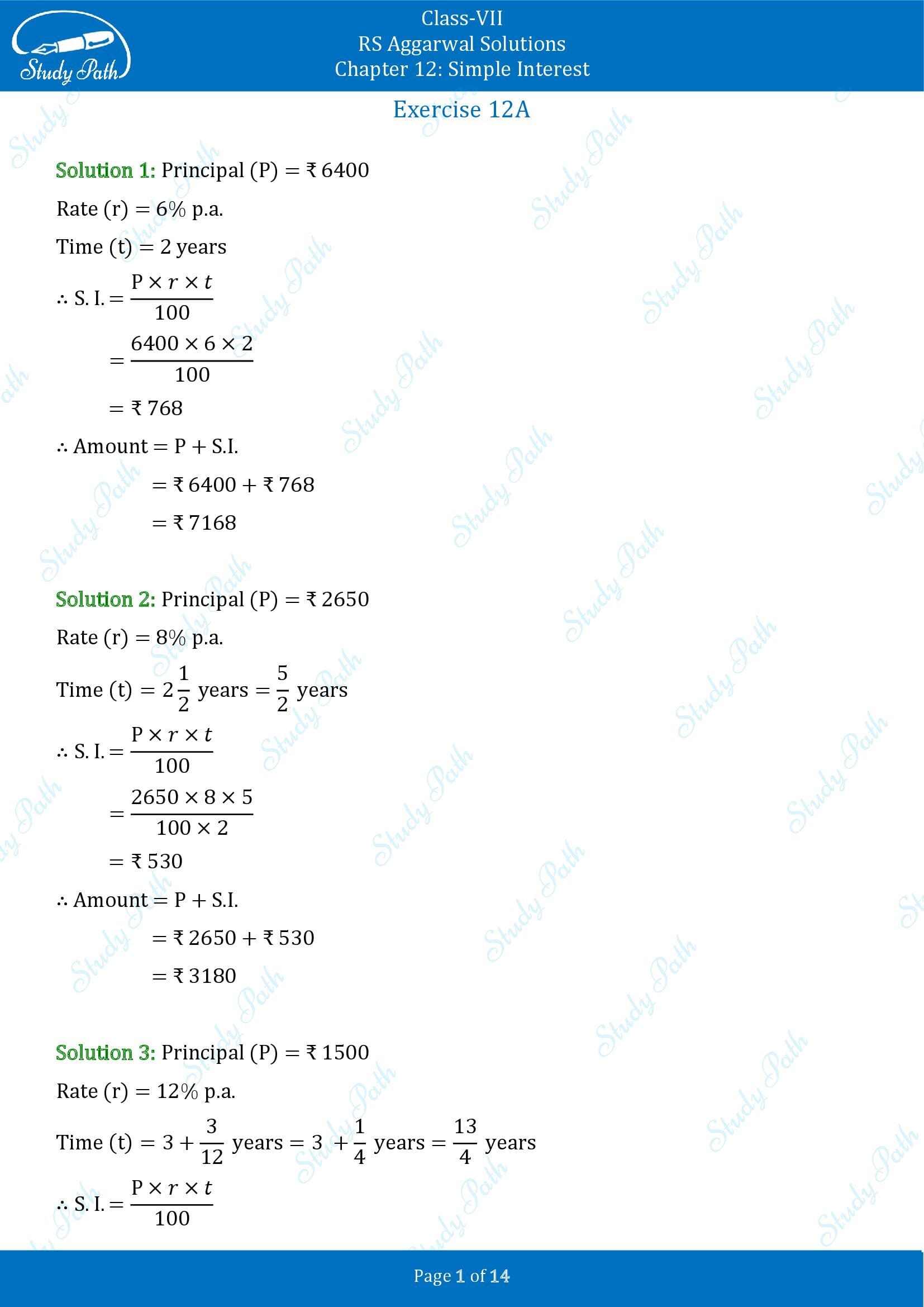 RS Aggarwal Solutions Class 7 Chapter 12 Simple Interest Exercise 12A 00001