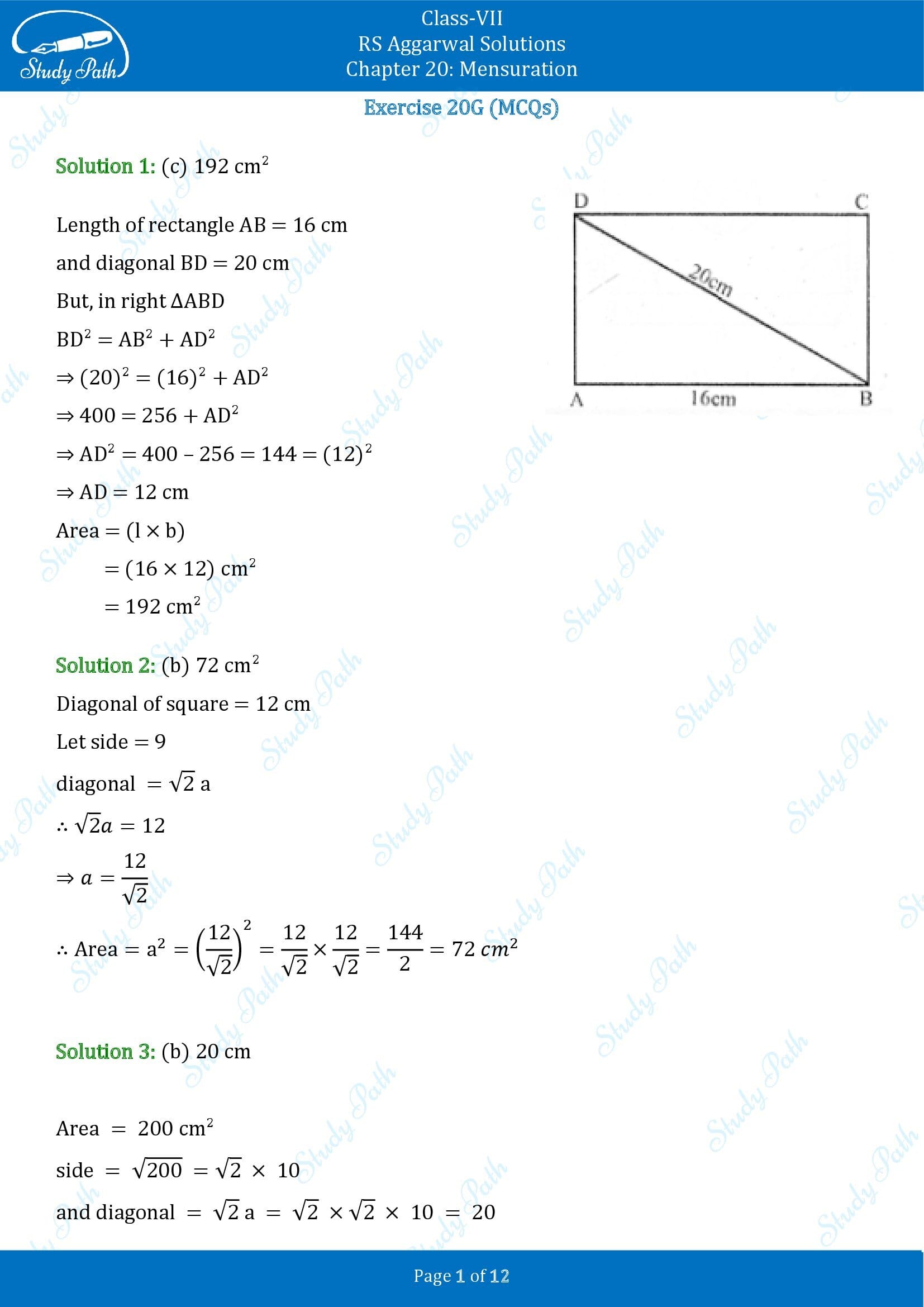 RS Aggarwal Solutions Class 7 Chapter 20 Mensuration Exercise 20G MCQ 00001
