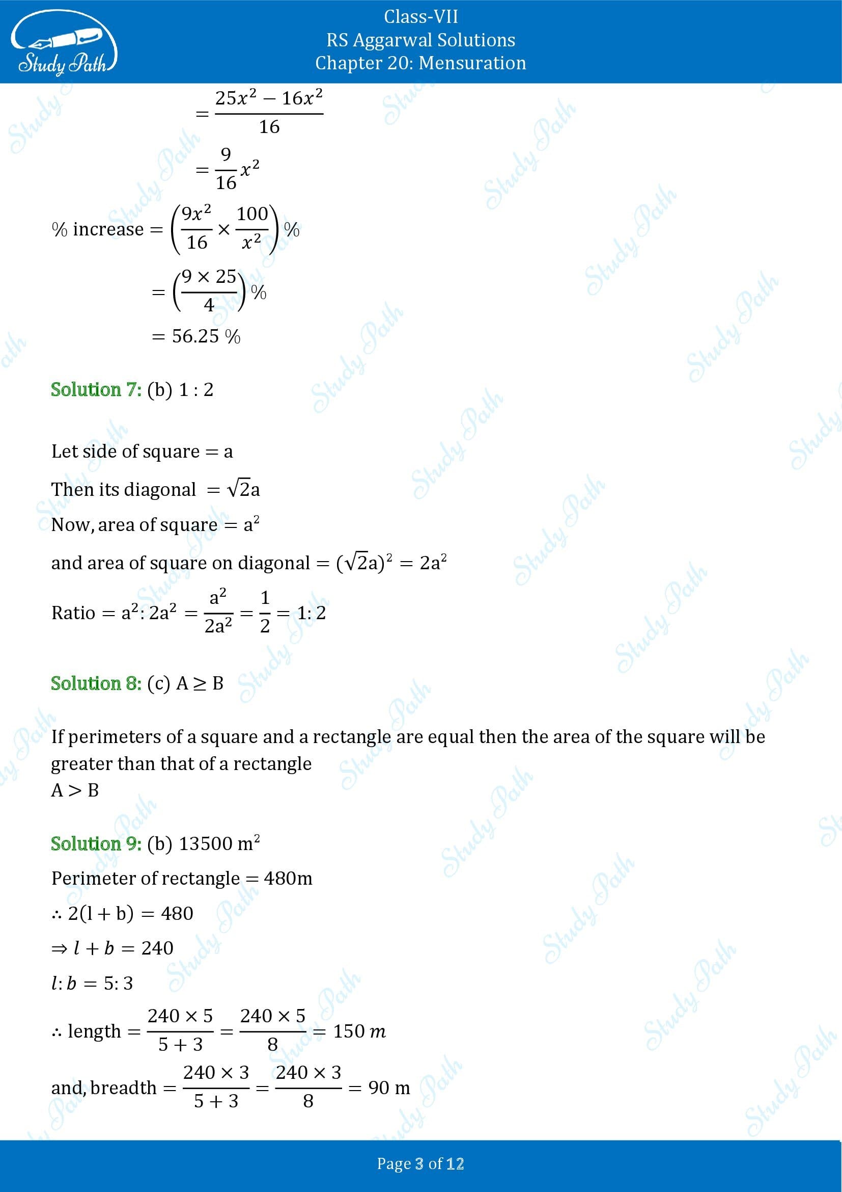 RS Aggarwal Solutions Class 7 Chapter 20 Mensuration Exercise 20G MCQ 00003