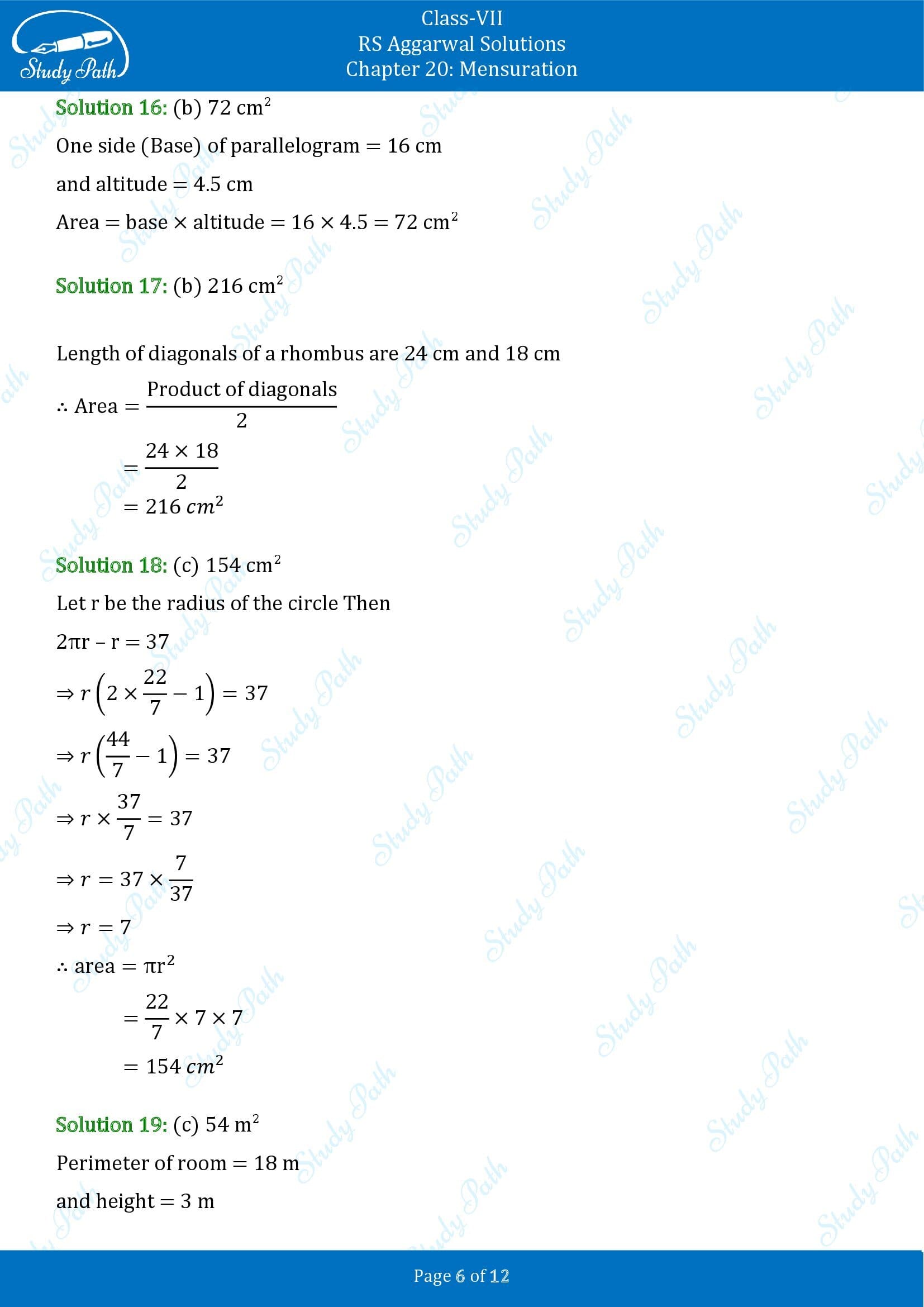 RS Aggarwal Solutions Class 7 Chapter 20 Mensuration Exercise 20G MCQ 00006