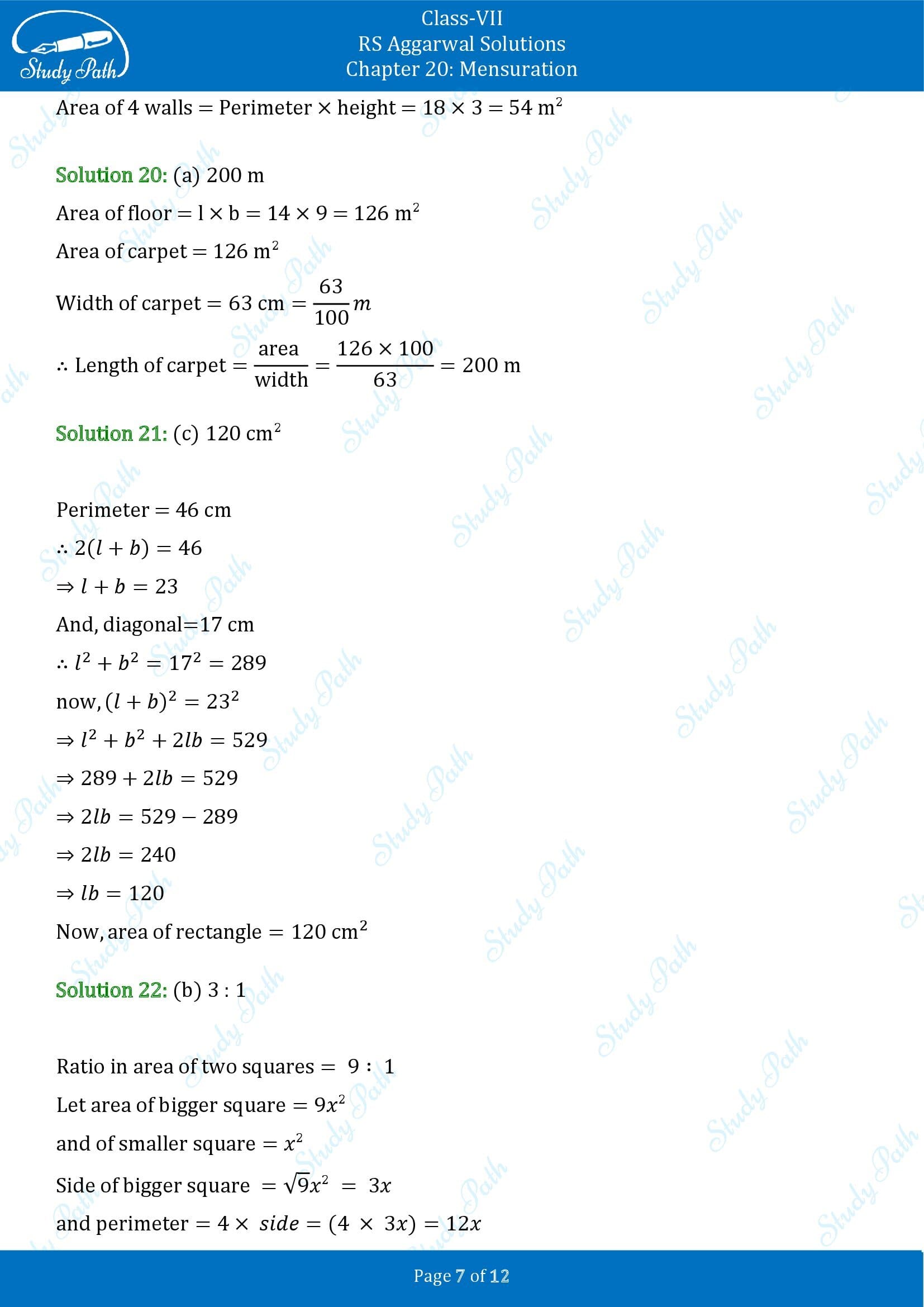 RS Aggarwal Solutions Class 7 Chapter 20 Mensuration Exercise 20G MCQ 00007