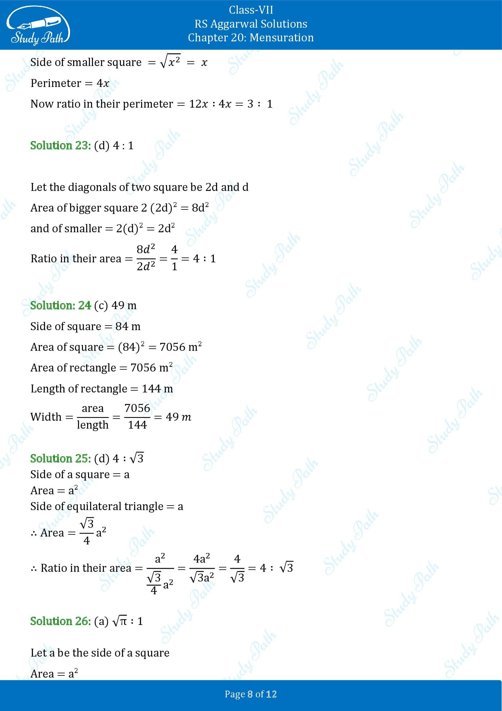 RS Aggarwal Solutions Class 7 Chapter 20 Mensuration Exercise 20G MCQ 00008