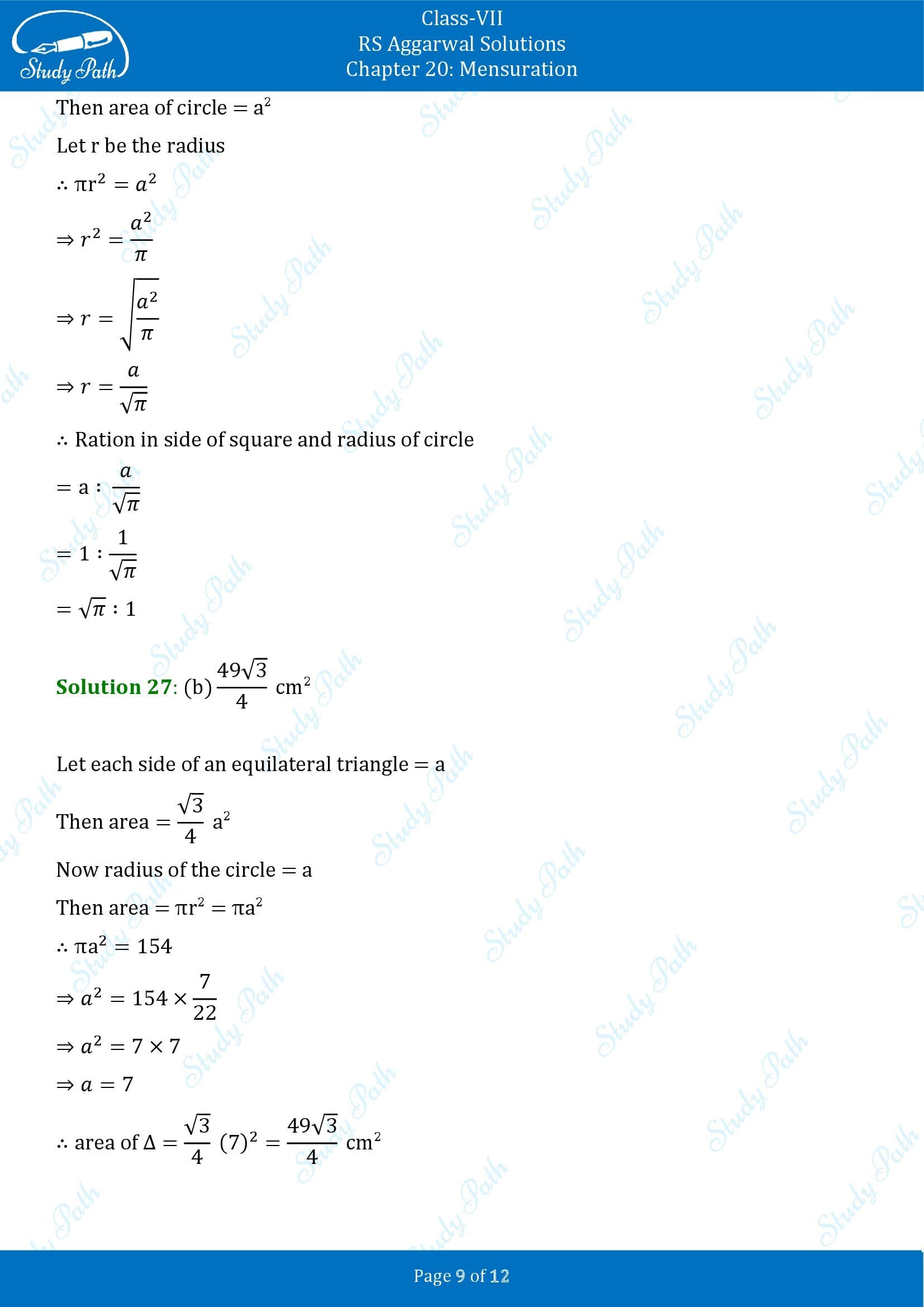 RS Aggarwal Solutions Class 7 Chapter 20 Mensuration Exercise 20G MCQ 00009