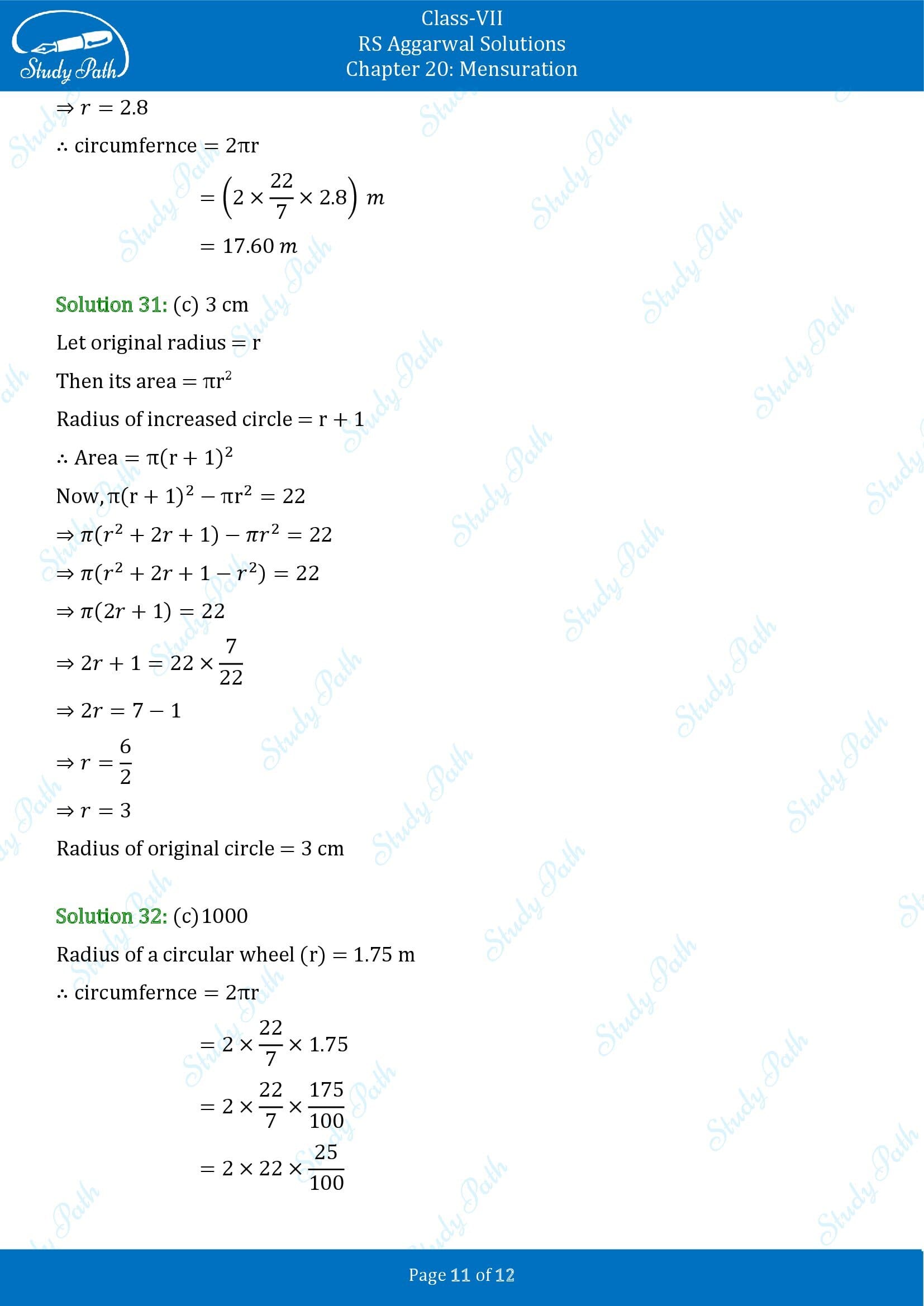 RS Aggarwal Solutions Class 7 Chapter 20 Mensuration Exercise 20G MCQ 00011