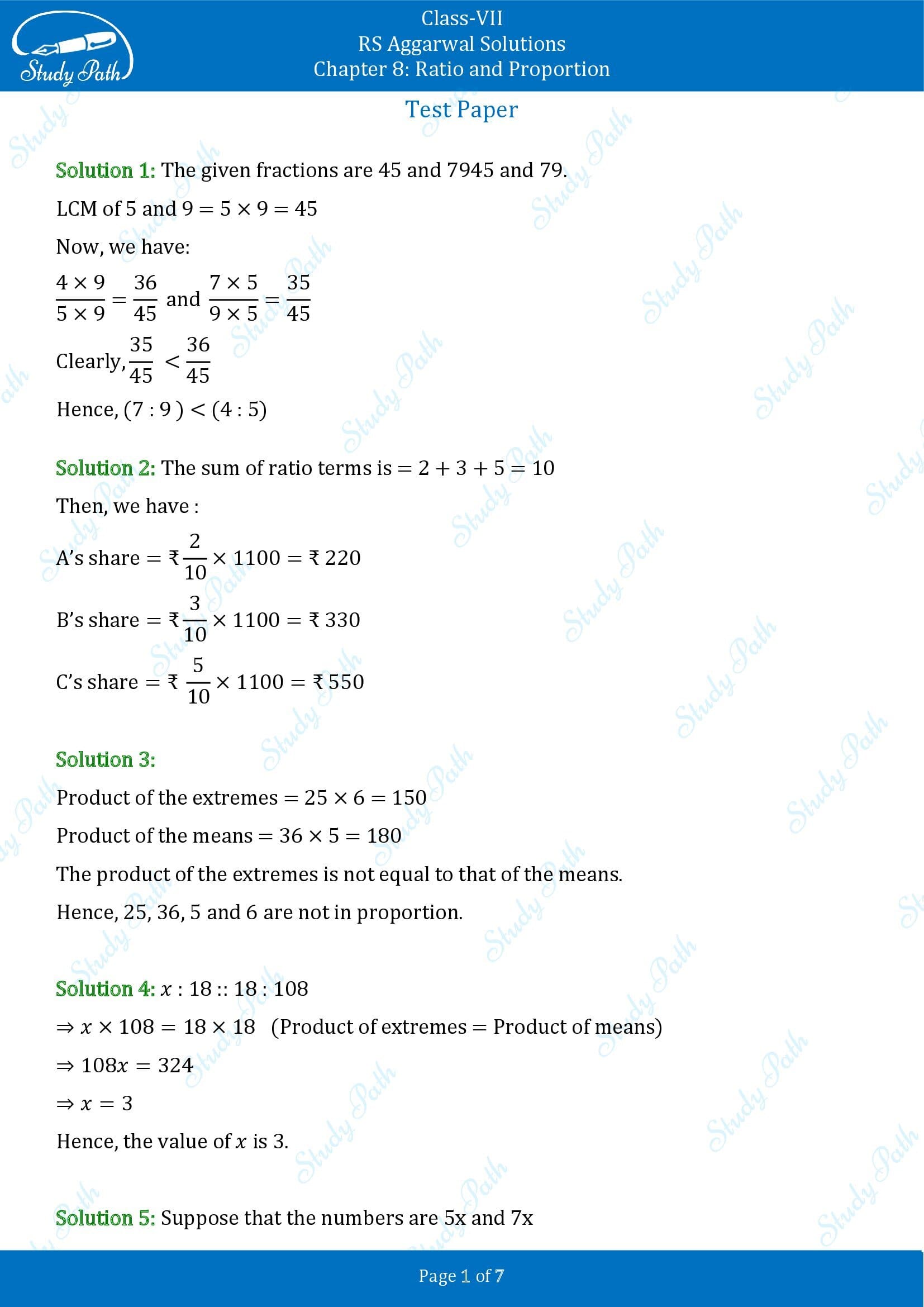 RS Aggarwal Solutions Class 7 Chapter 8 Ratio and Proportion Test Paper 00001