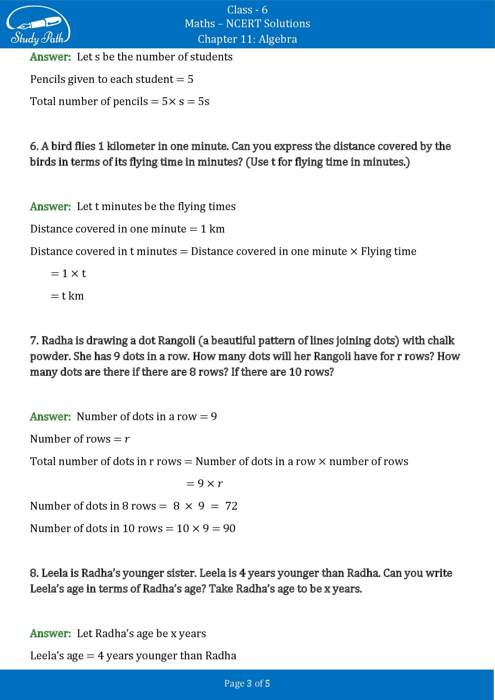 NCERT Solutions for Class 6 Maths Chapter 11 Algebra Exercise 11.1 00003