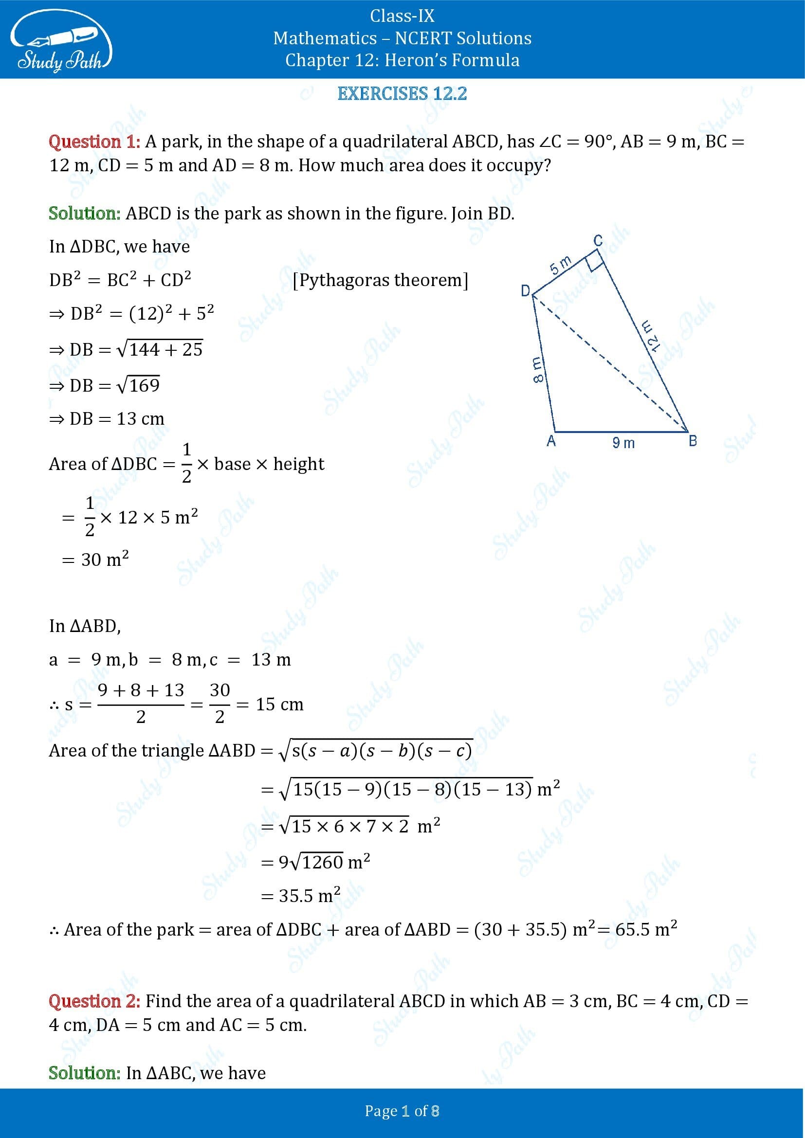 NCERT Solutions for Class 9 Maths Chapter 12 Herons Formula Exercise 12.2 00001