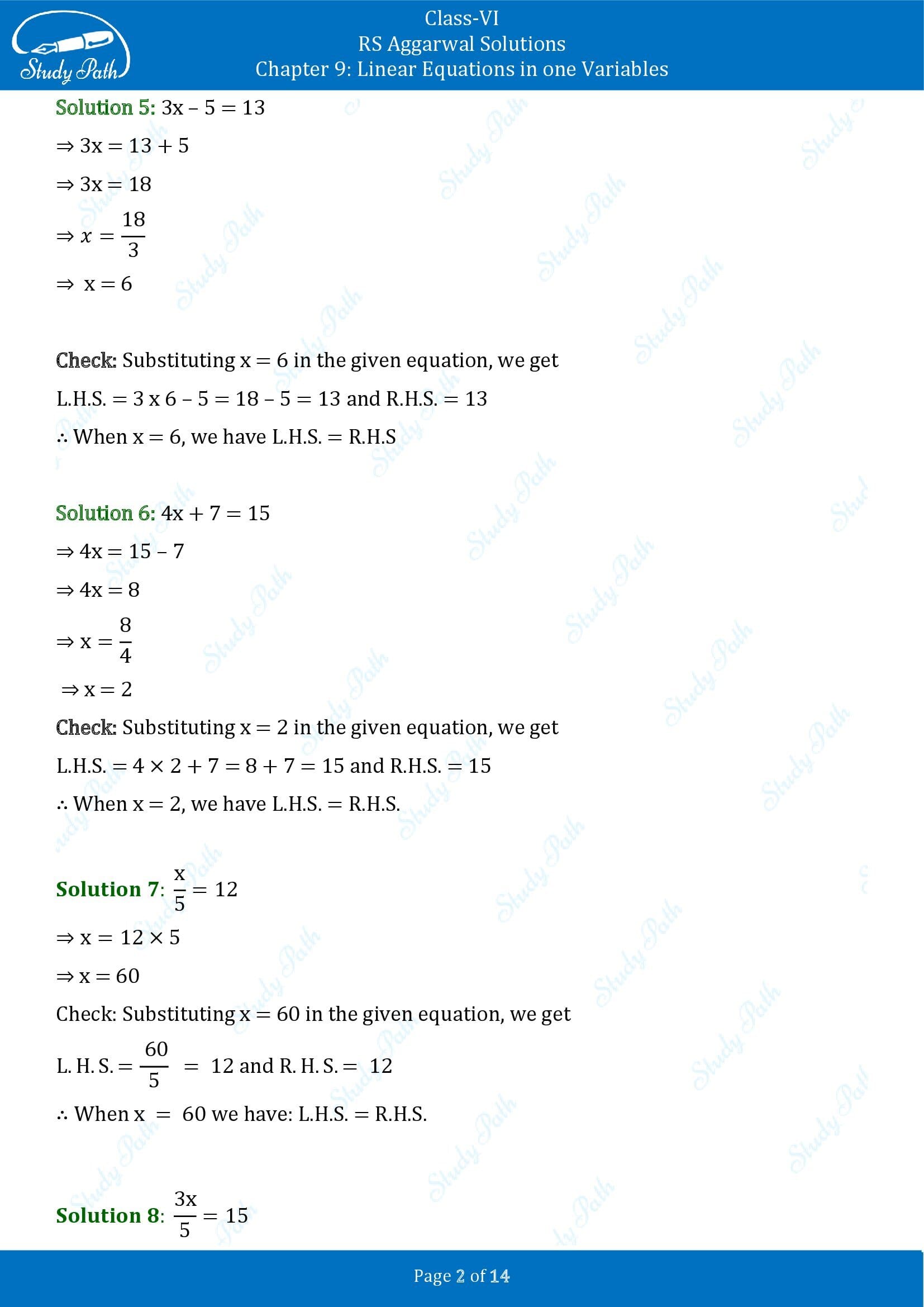 RS Aggarwal Solutions Class 6 Chapter 9 Linear Equations in One Variable Exercise 9B 00002