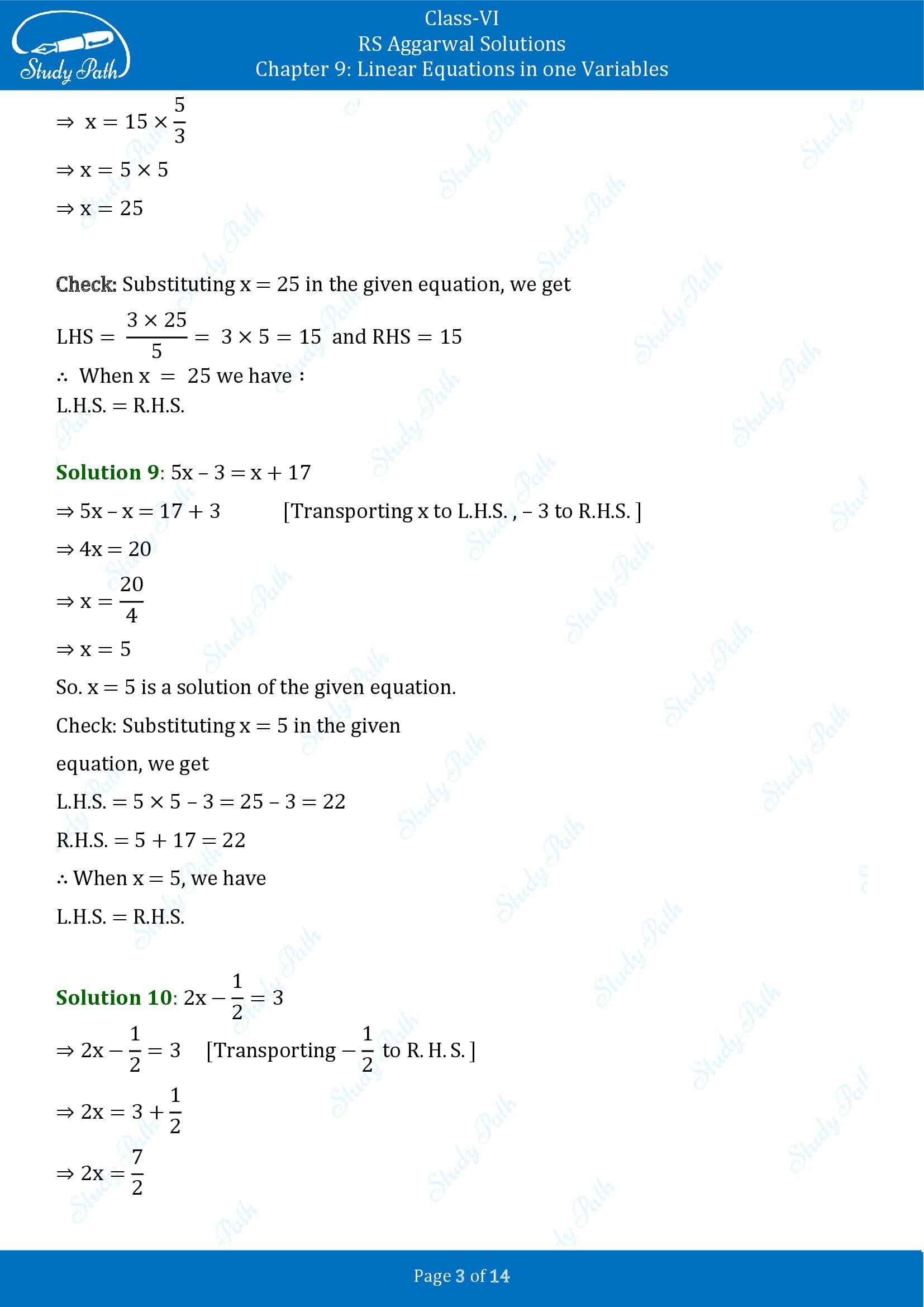 RS Aggarwal Solutions Class 6 Chapter 9 Linear Equations in One Variable Exercise 9B 00003