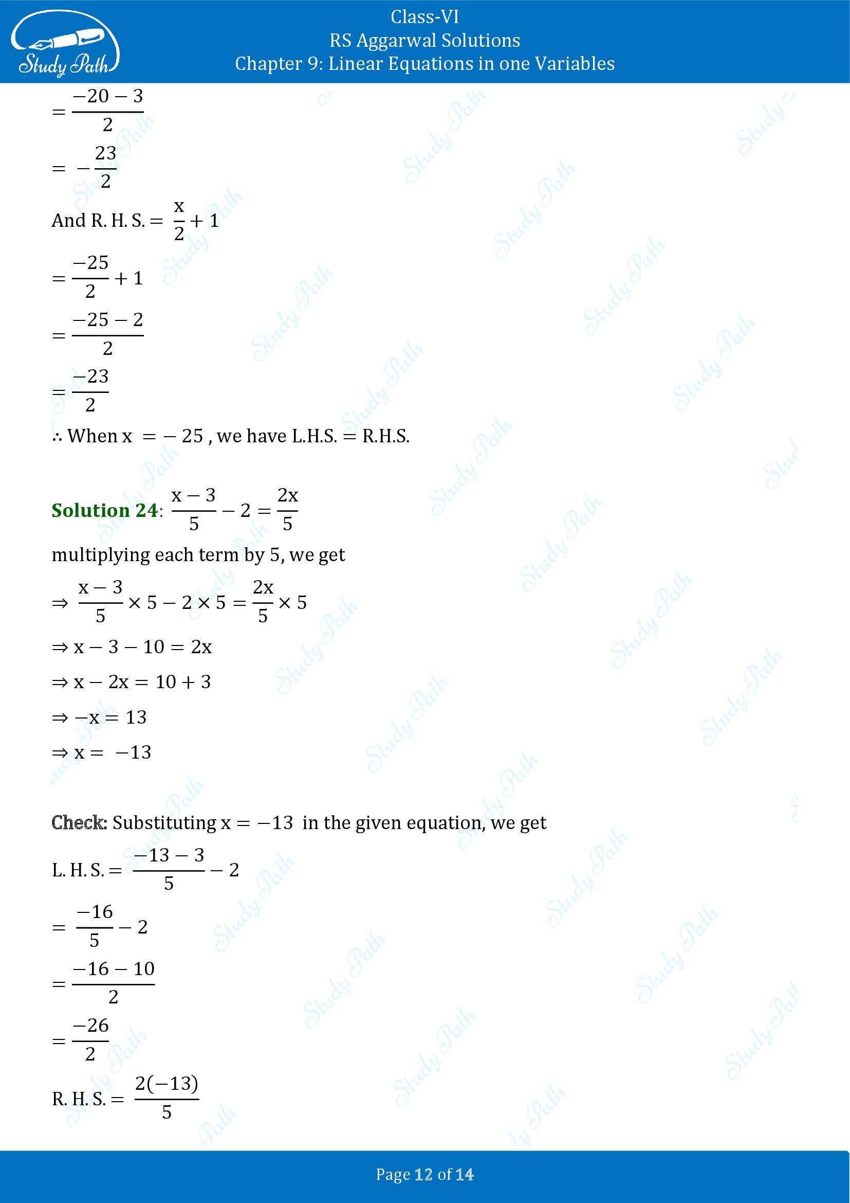RS Aggarwal Solutions Class 6 Chapter 9 Linear Equations in One Variable Exercise 9B 00012