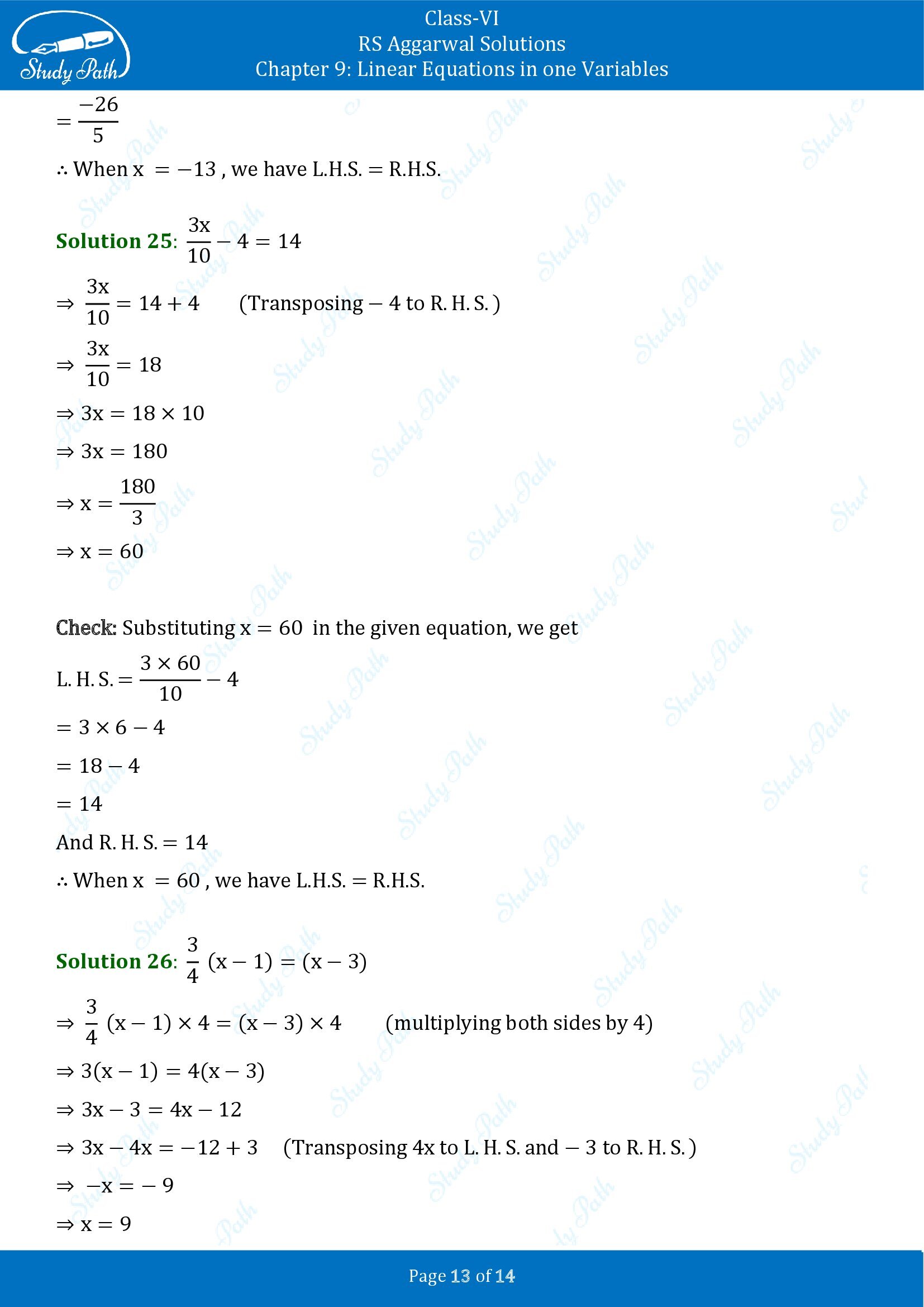 RS Aggarwal Solutions Class 6 Chapter 9 Linear Equations in One Variable Exercise 9B 00013