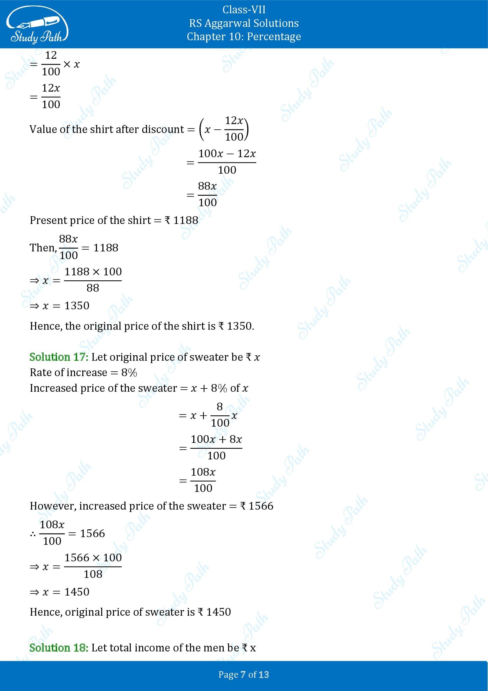 RS Aggarwal Solutions Class 7 Chapter 10 Percentage Exercise 10B 00007