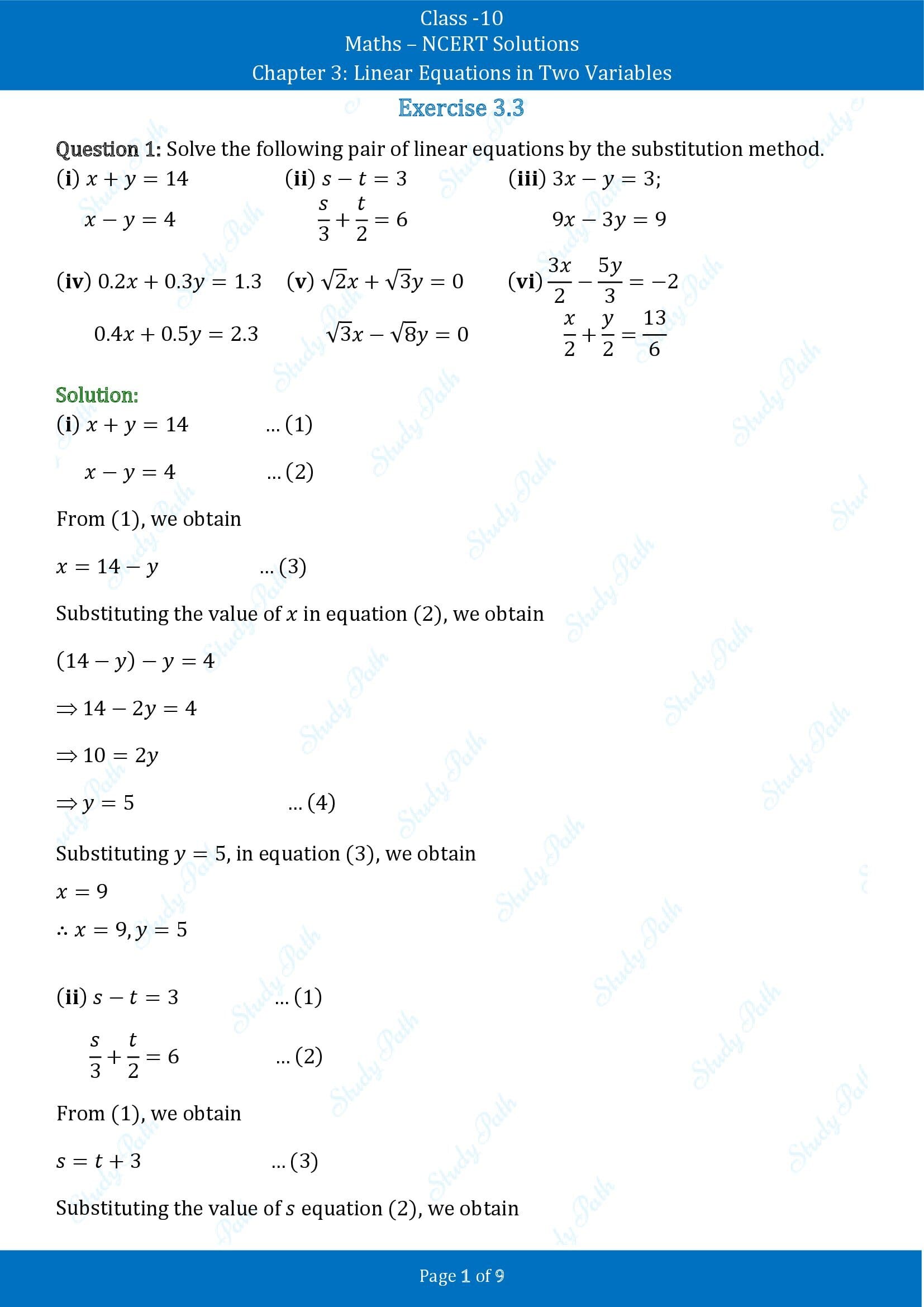 NCERT Solutions for Class 10 Maths Chapter 3 Linear Equations in Two Variables Exercise 3.3 00001