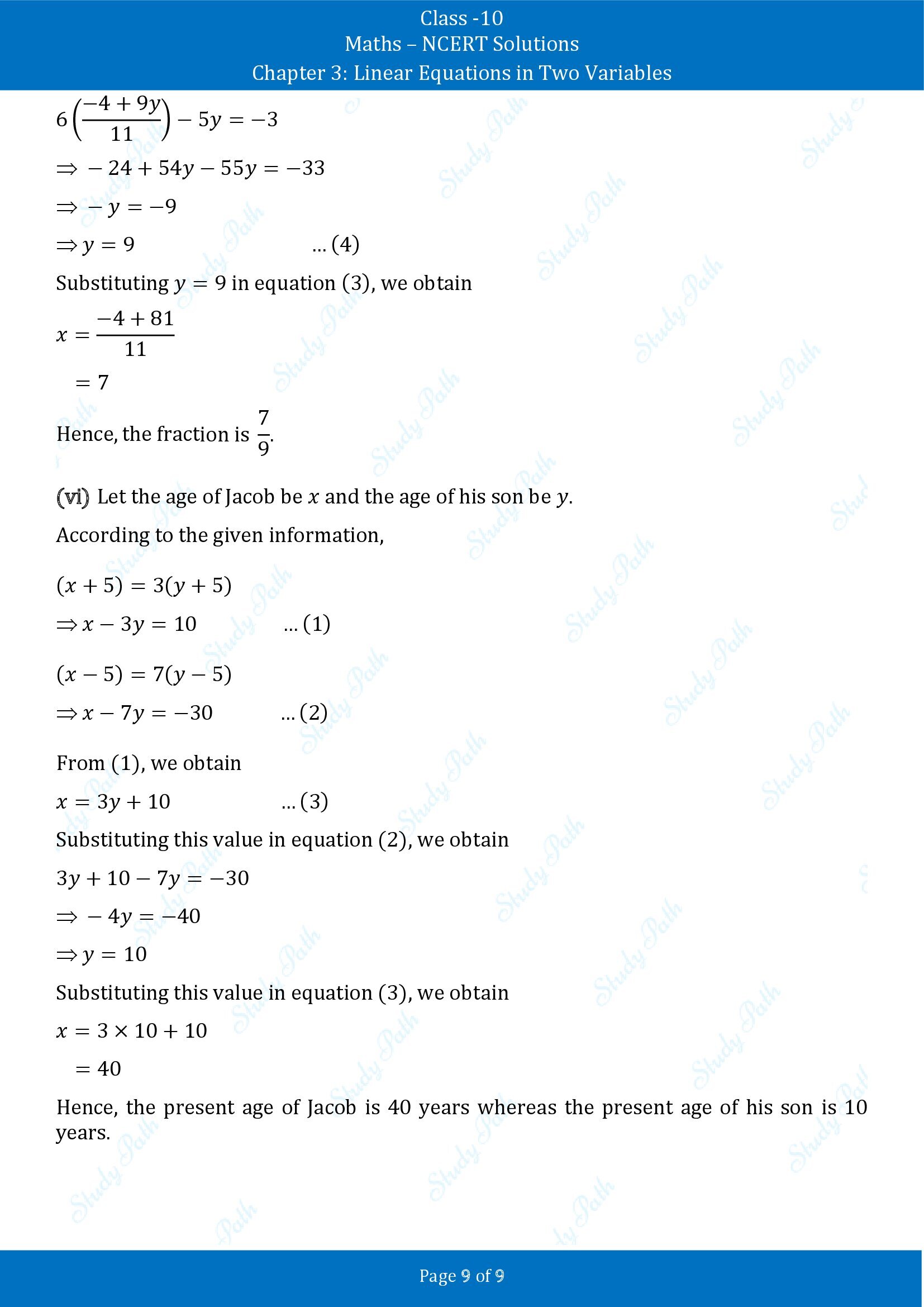 NCERT Solutions for Class 10 Maths Chapter 3 Linear Equations in Two Variables Exercise 3.3 00009