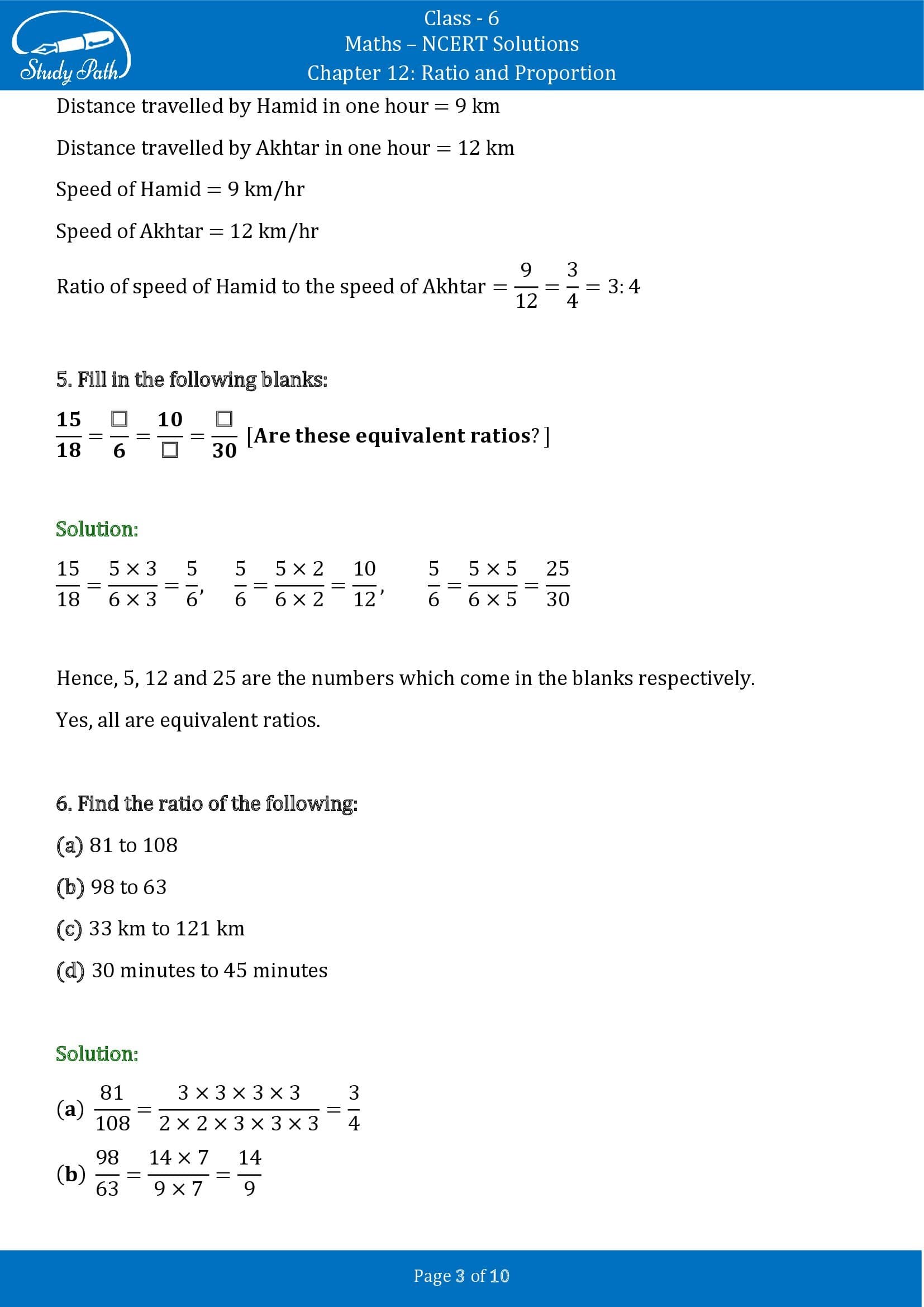 NCERT Solutions for Class 6 Maths Chapter 12 Ratio and Proportion Exercise 12.1 00003