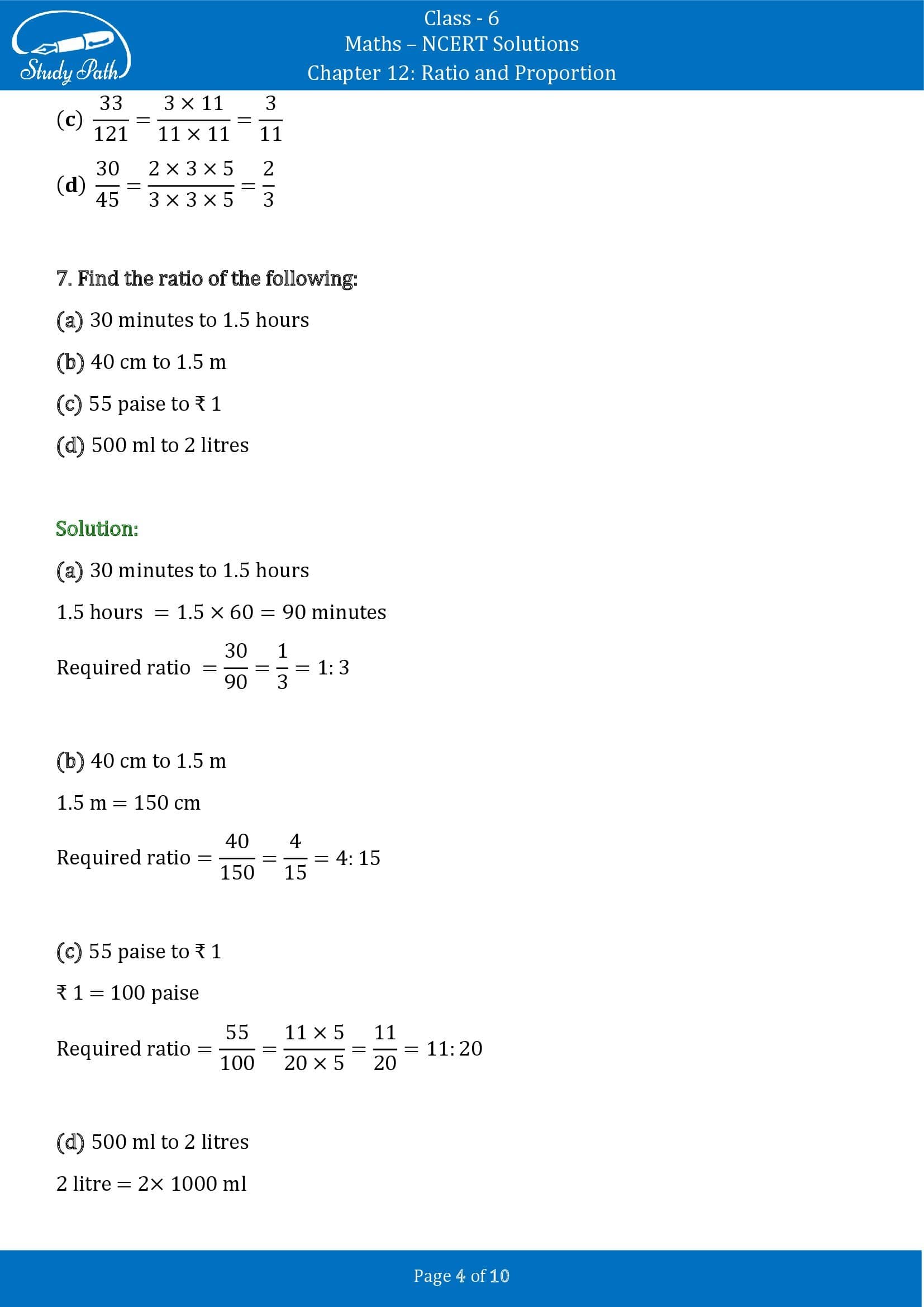 NCERT Solutions for Class 6 Maths Chapter 12 Ratio and Proportion Exercise 12.1 00004