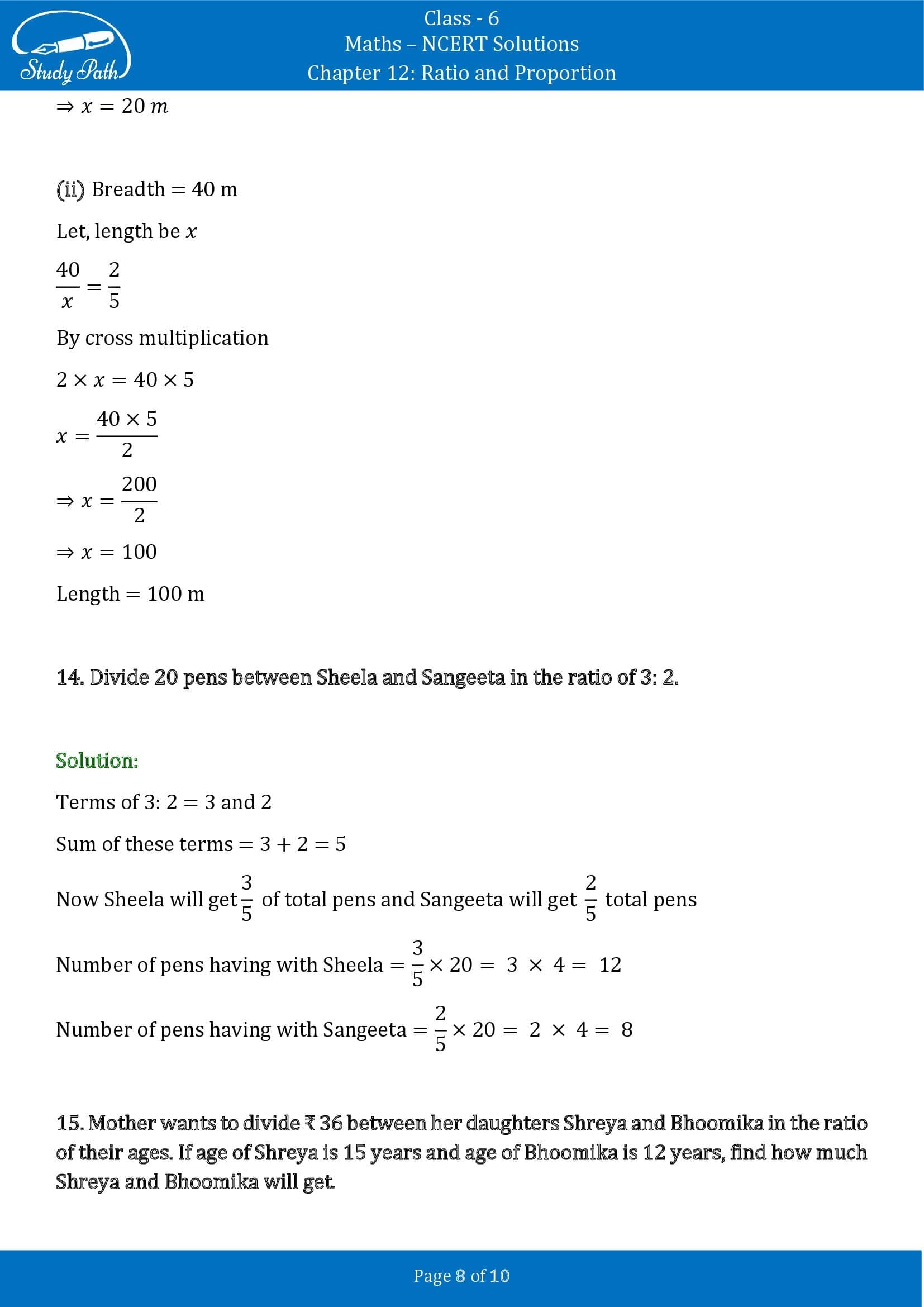 NCERT Solutions for Class 6 Maths Chapter 12 Ratio and Proportion Exercise 12.1 00008