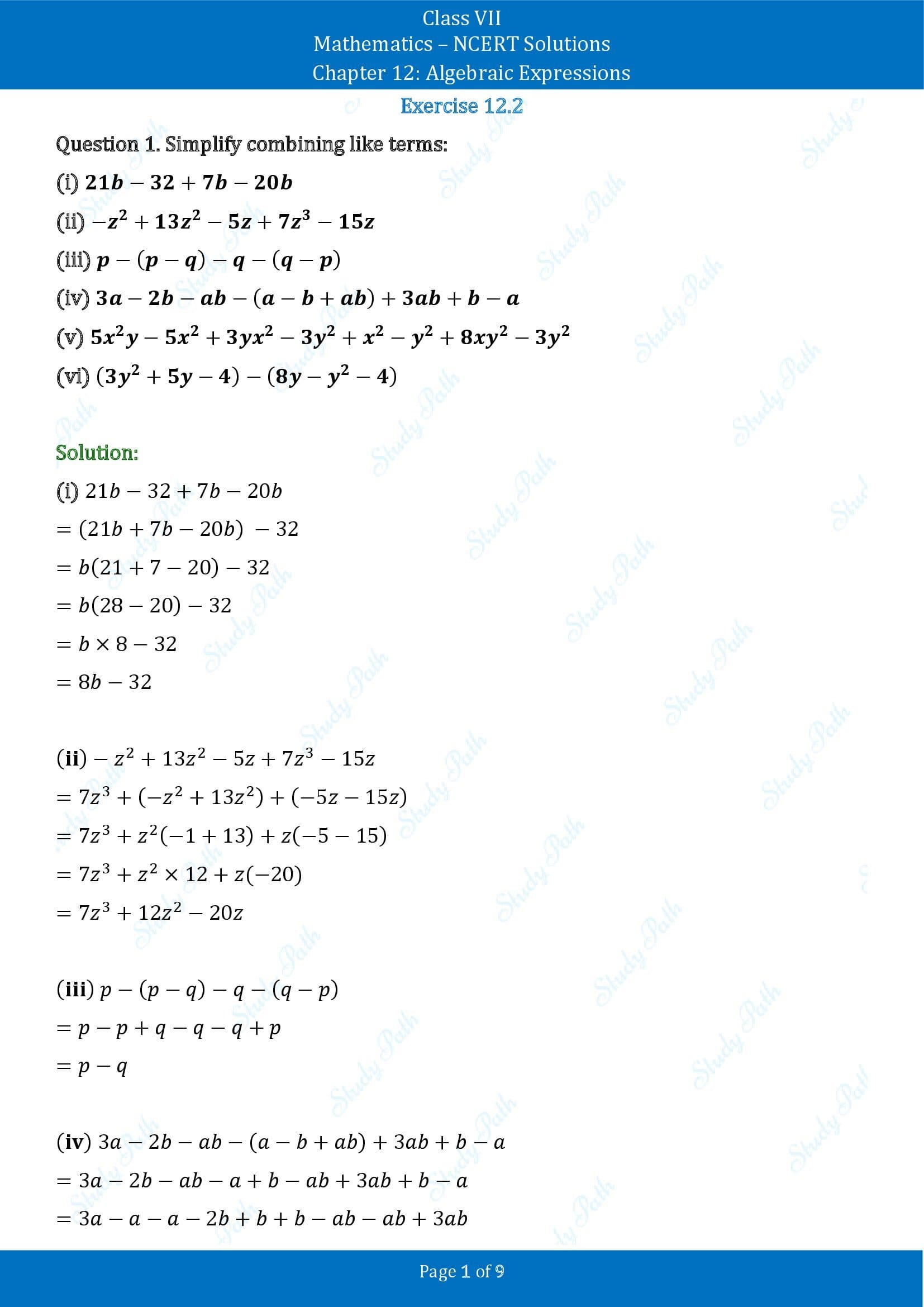 NCERT Solutions for Class 7 Maths Chapter 12 Algebraic Expressions Exercise 12.2 00001