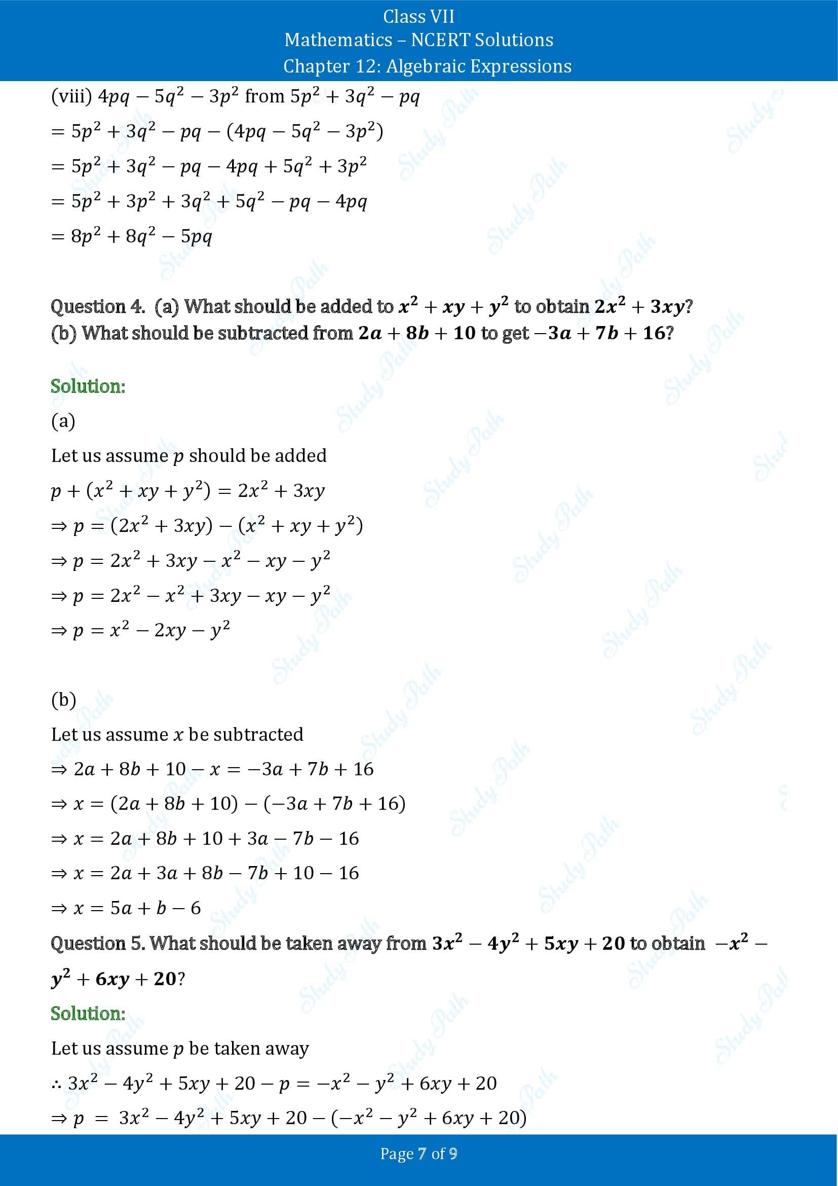 NCERT Solutions for Class 7 Maths Chapter 12 Algebraic Expressions Exercise 12.2 00007