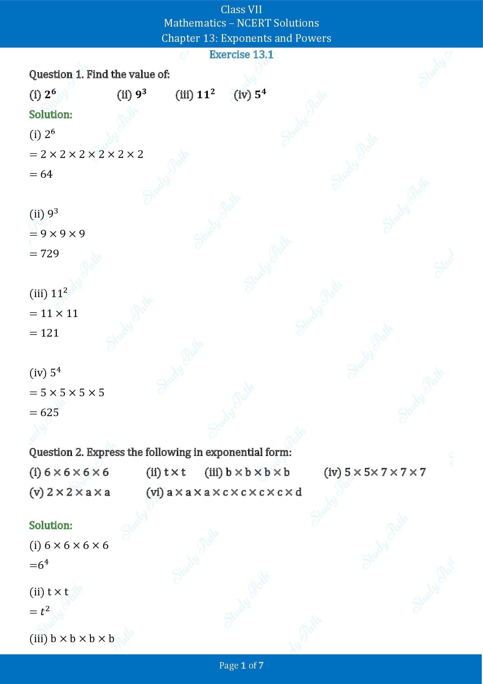 NCERT Solutions for Class 7 Maths Chapter 13 Exponents and Powers Exercise 13.1 00001