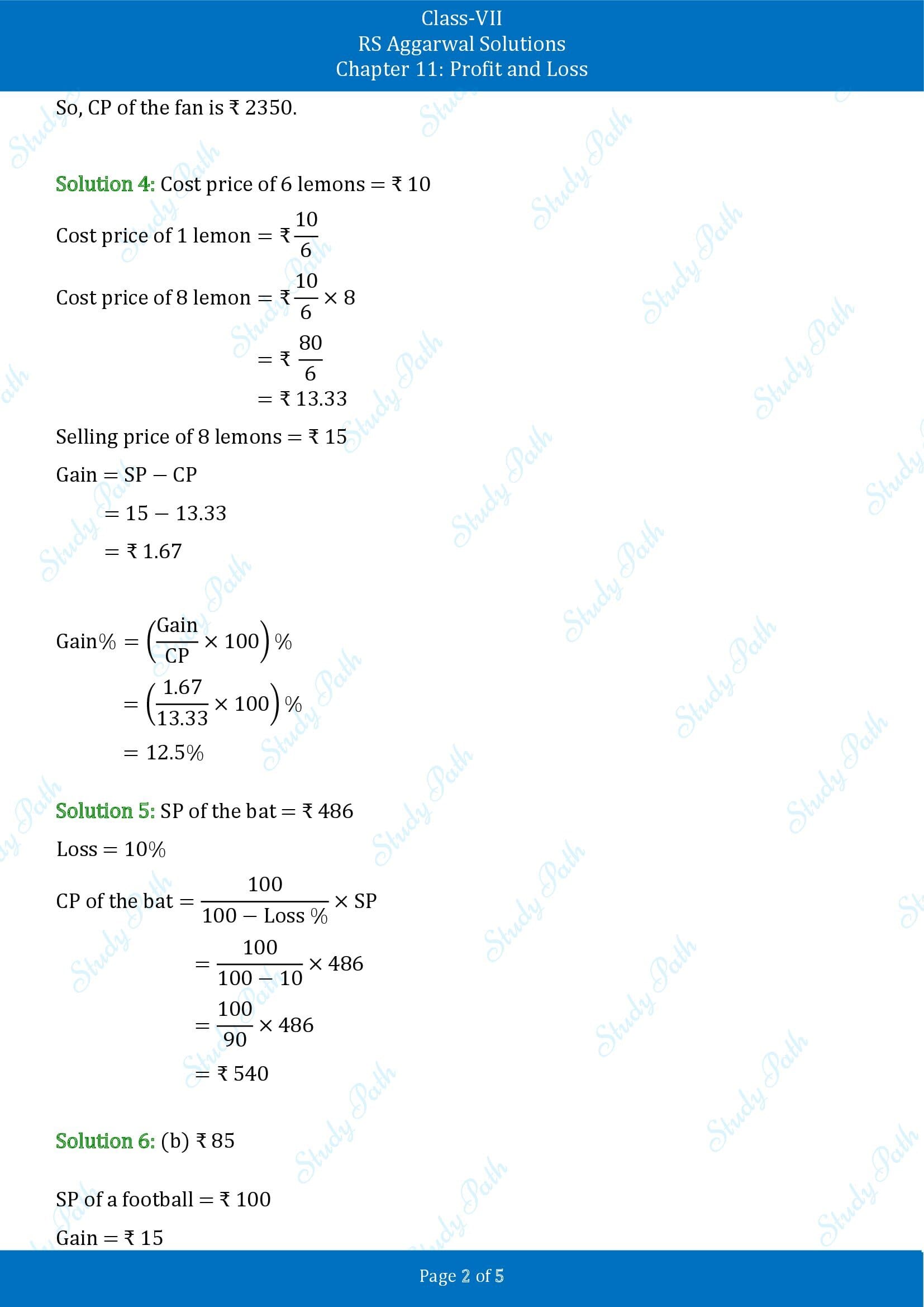 RS Aggarwal Solutions Class 7 Chapter 11 Profit and Loss Test Paper 00002