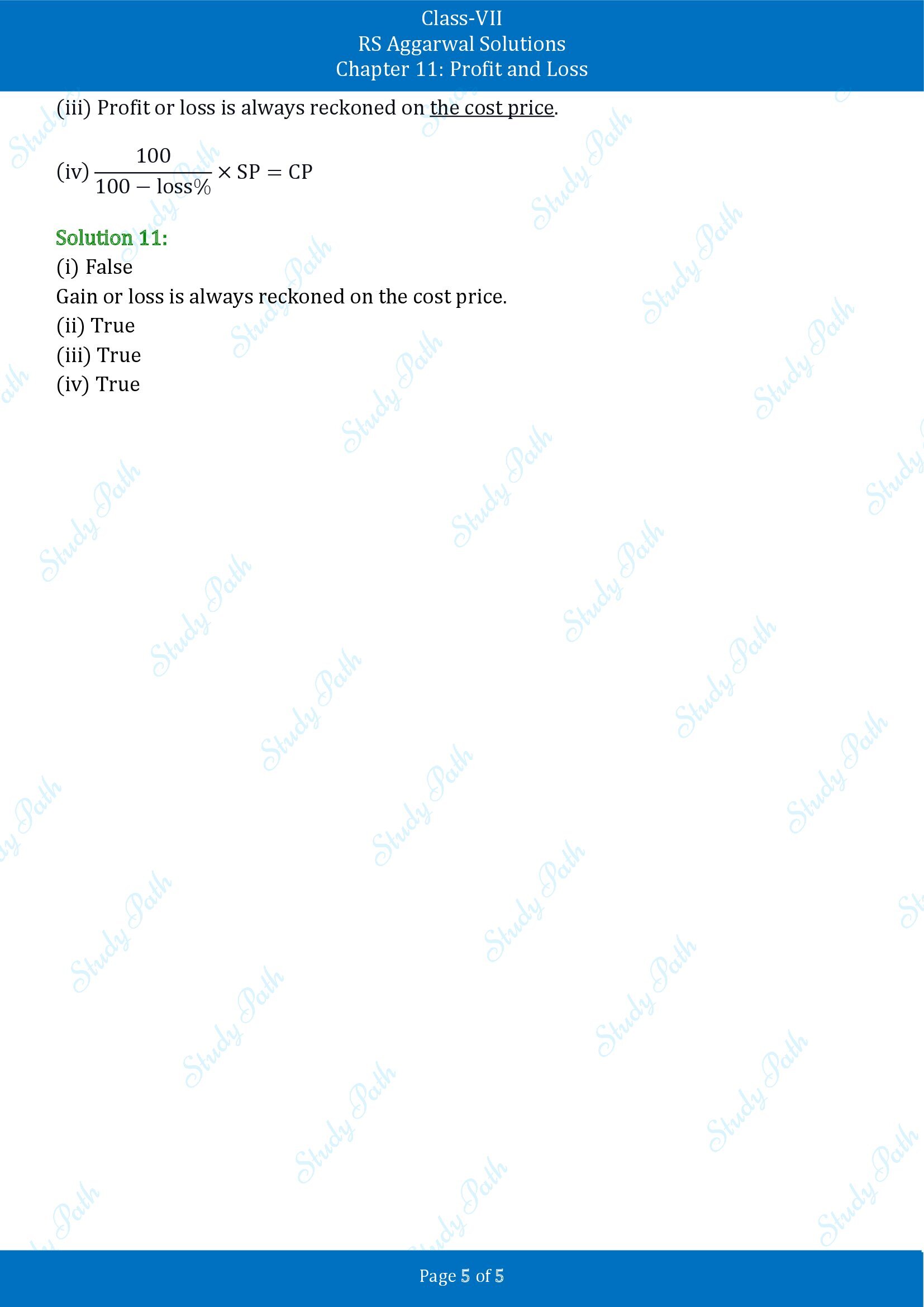 RS Aggarwal Solutions Class 7 Chapter 11 Profit and Loss Test Paper 00005
