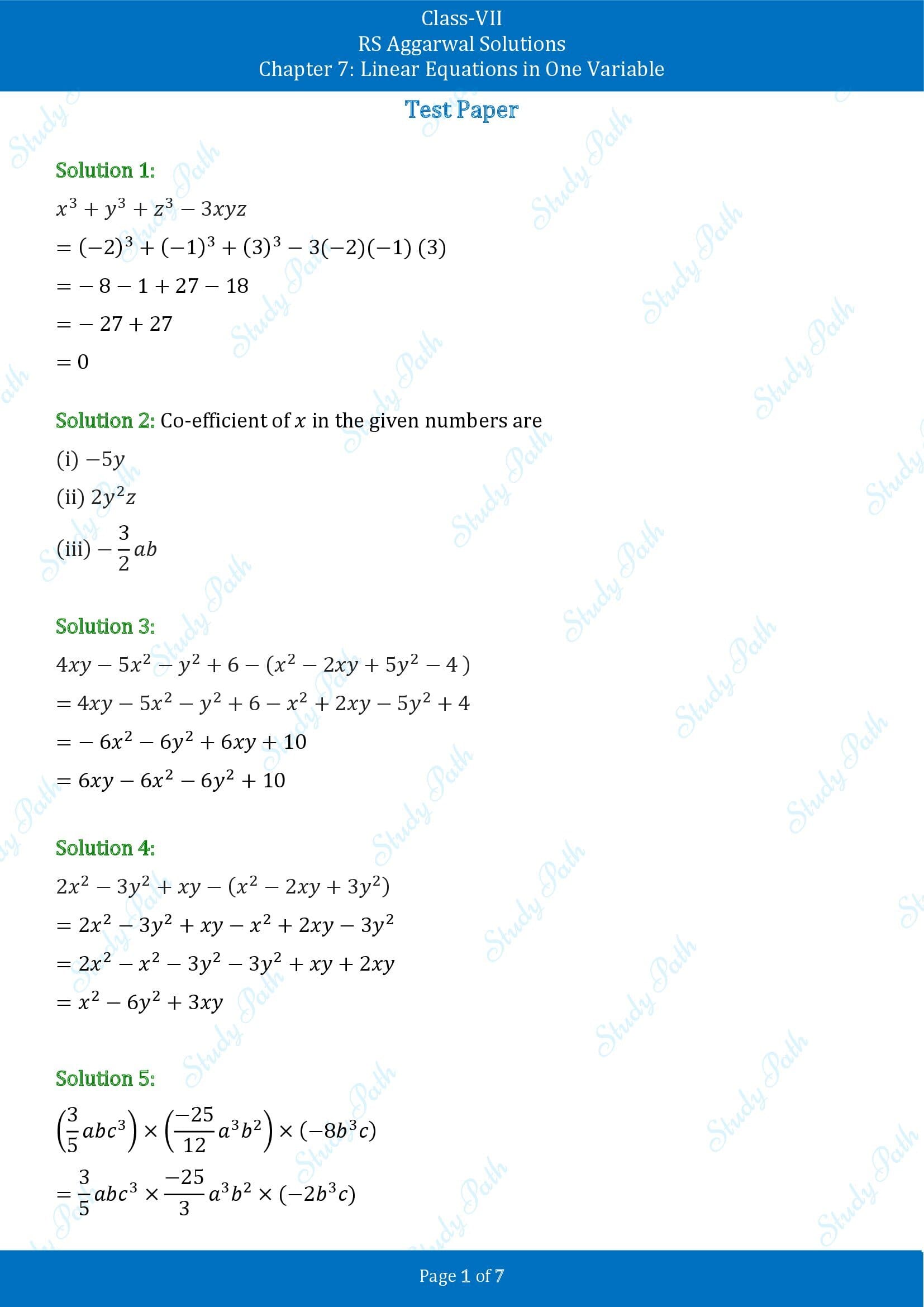 RS Aggarwal Solutions Class 7 Chapter 7 Linear Equations in One Variable Test Paper 00001