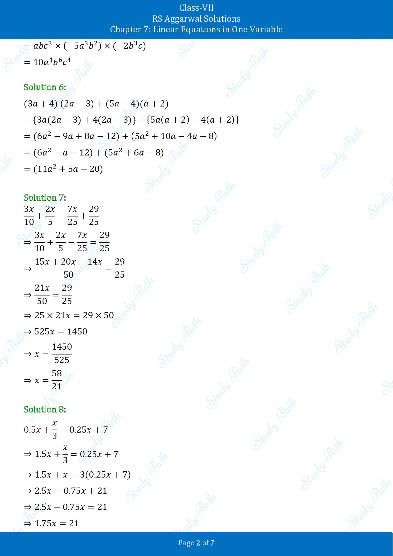 RS Aggarwal Solutions Class 7 Chapter 7 Linear Equations in One Variable Test Paper 00002