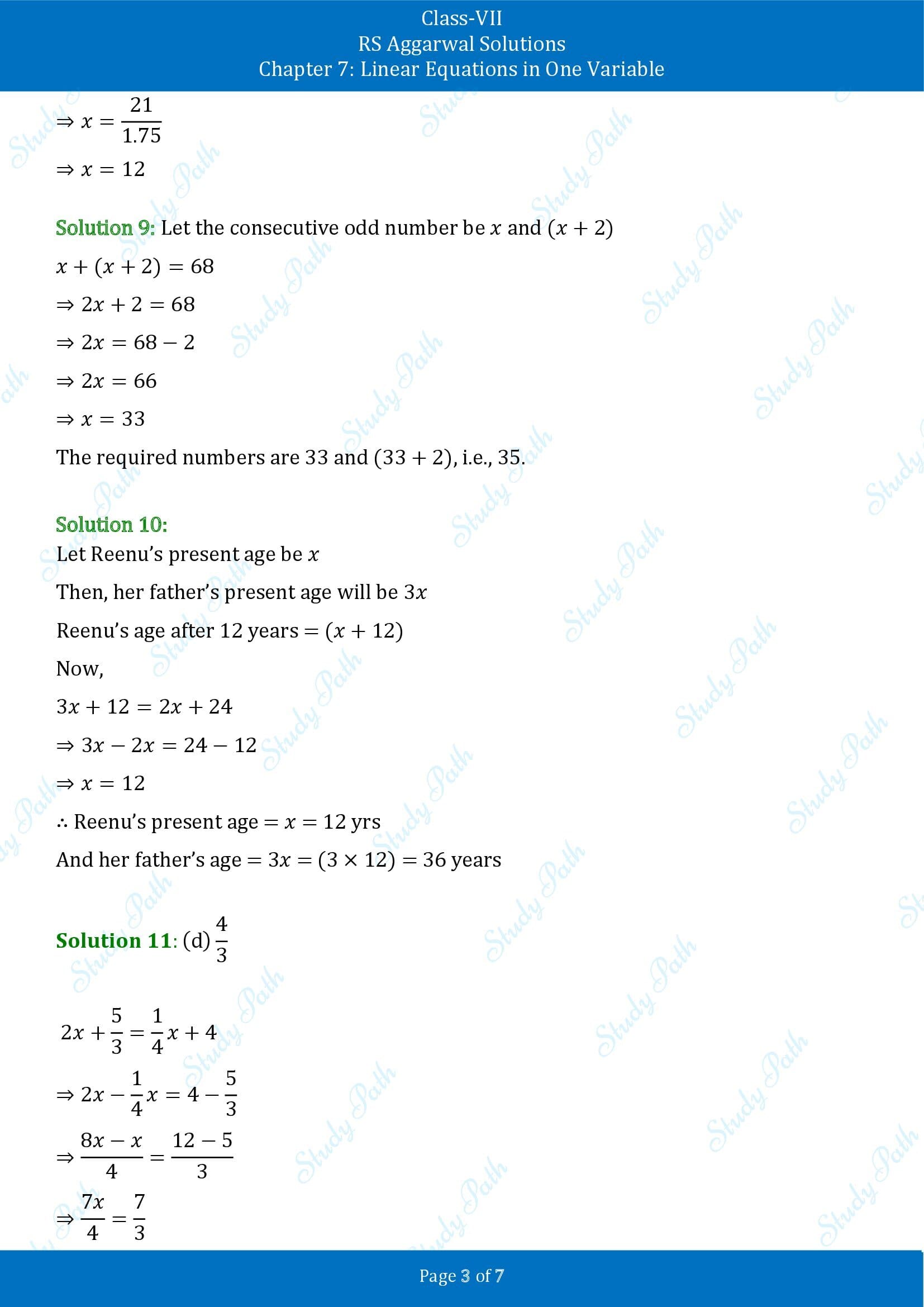 RS Aggarwal Solutions Class 7 Chapter 7 Linear Equations in One Variable Test Paper 00003