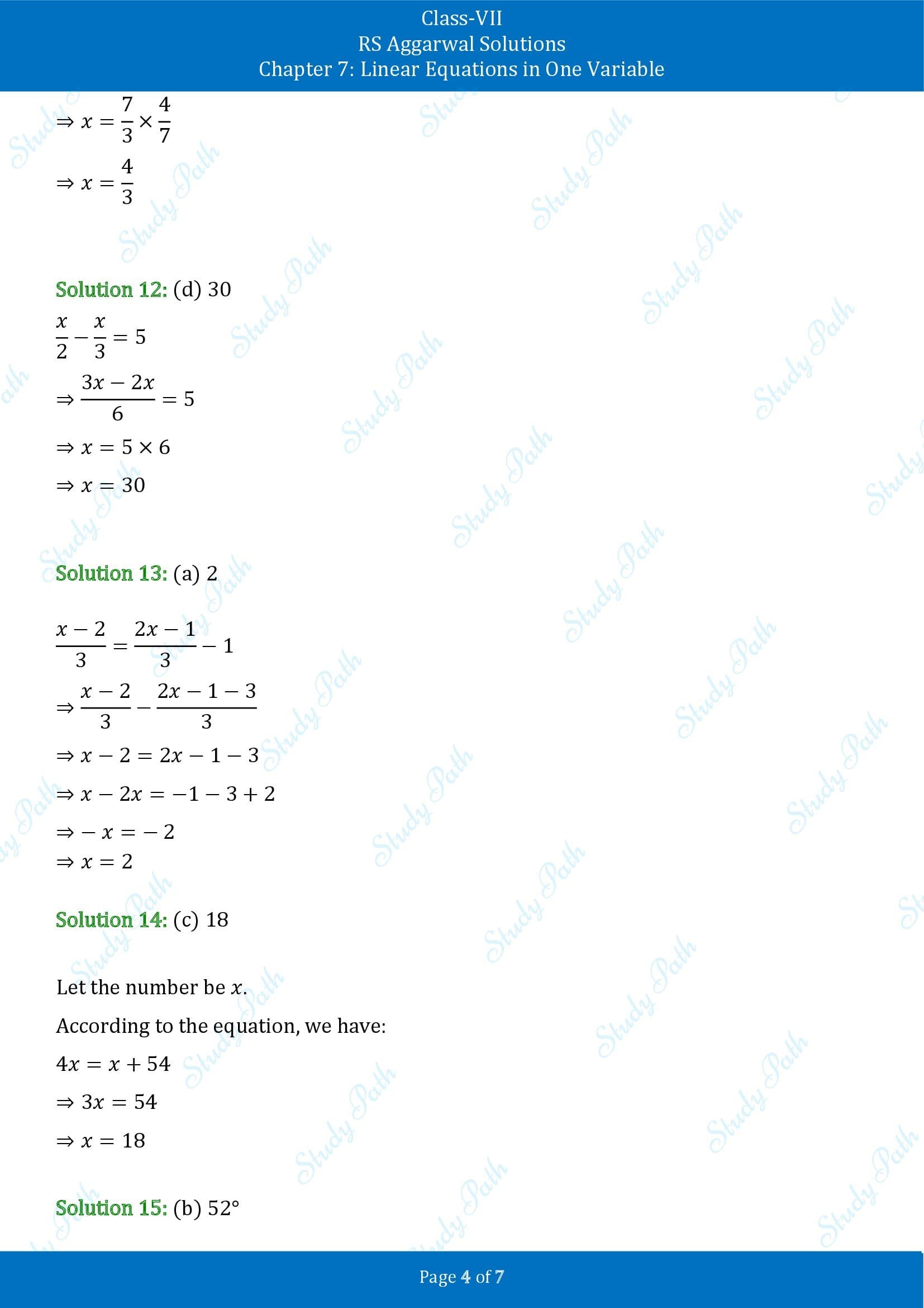 RS Aggarwal Solutions Class 7 Chapter 7 Linear Equations in One Variable Test Paper 00004