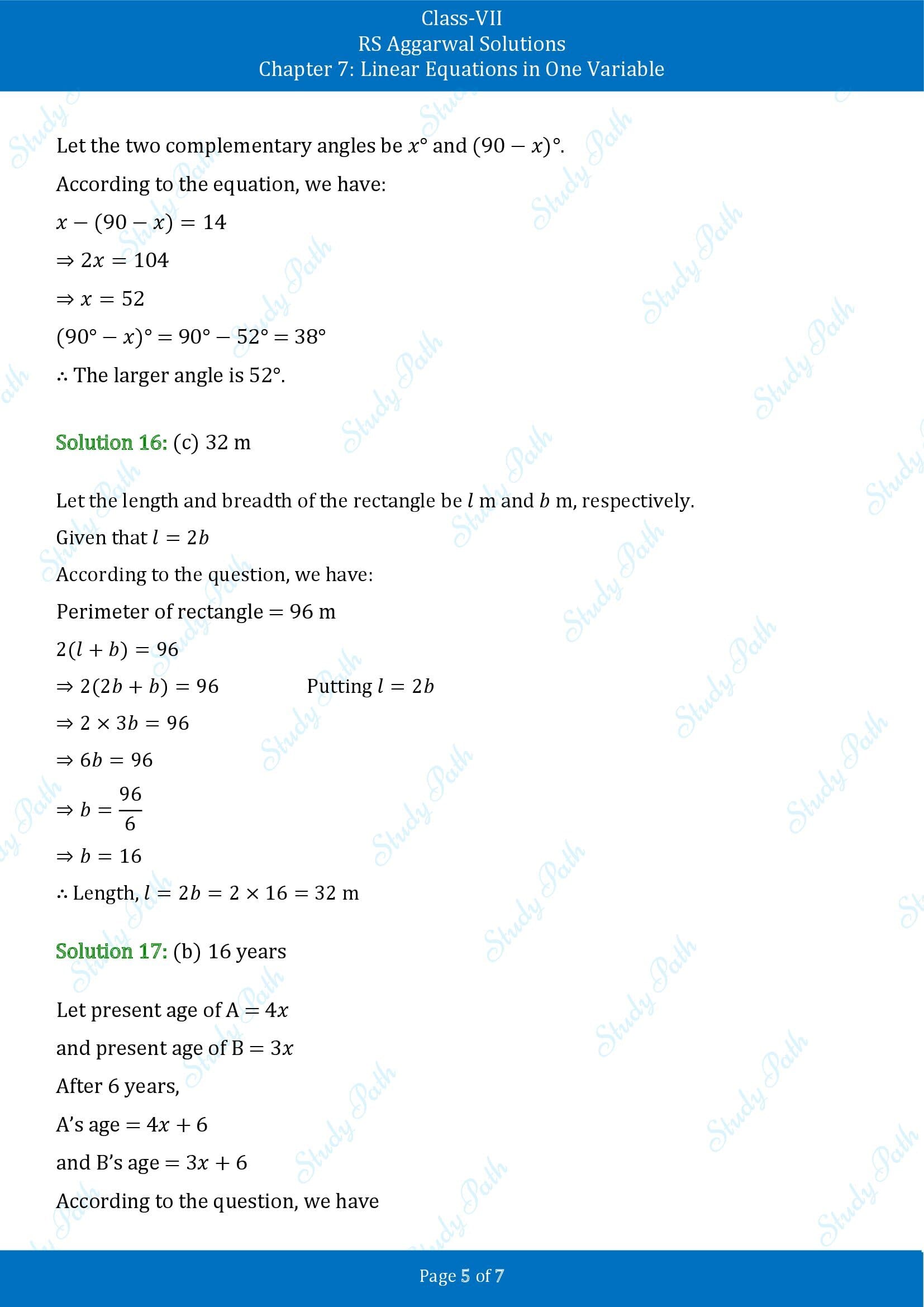 RS Aggarwal Solutions Class 7 Chapter 7 Linear Equations in One Variable Test Paper 00005