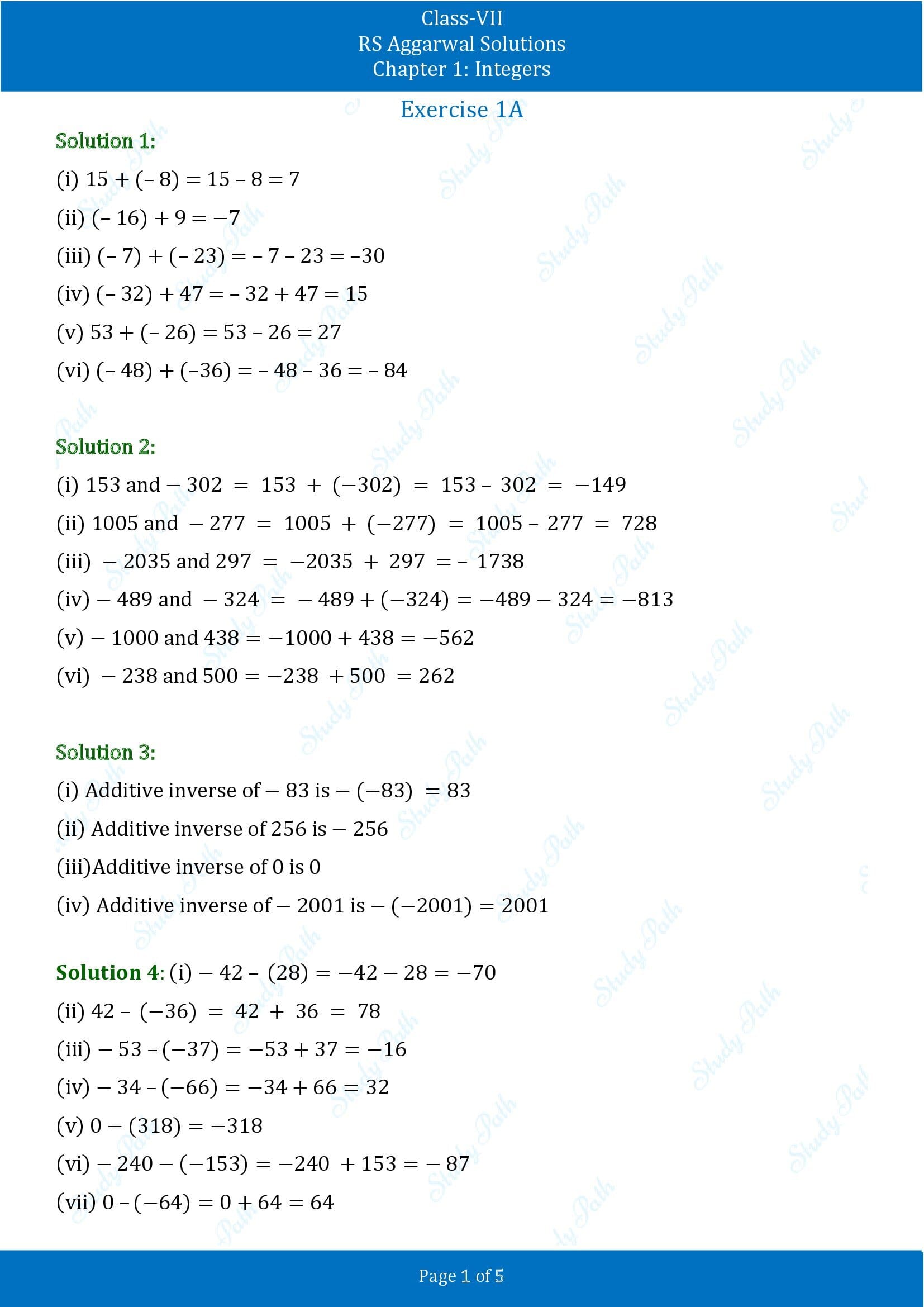 RS Aggarwal Solutions Class 7 Chapter 1 Integers Exercise 1A 0001