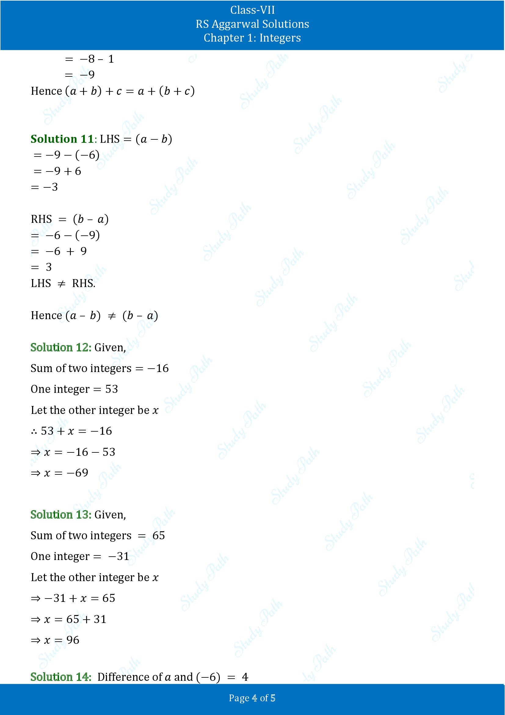 RS Aggarwal Solutions Class 7 Chapter 1 Integers Exercise 1A 0004