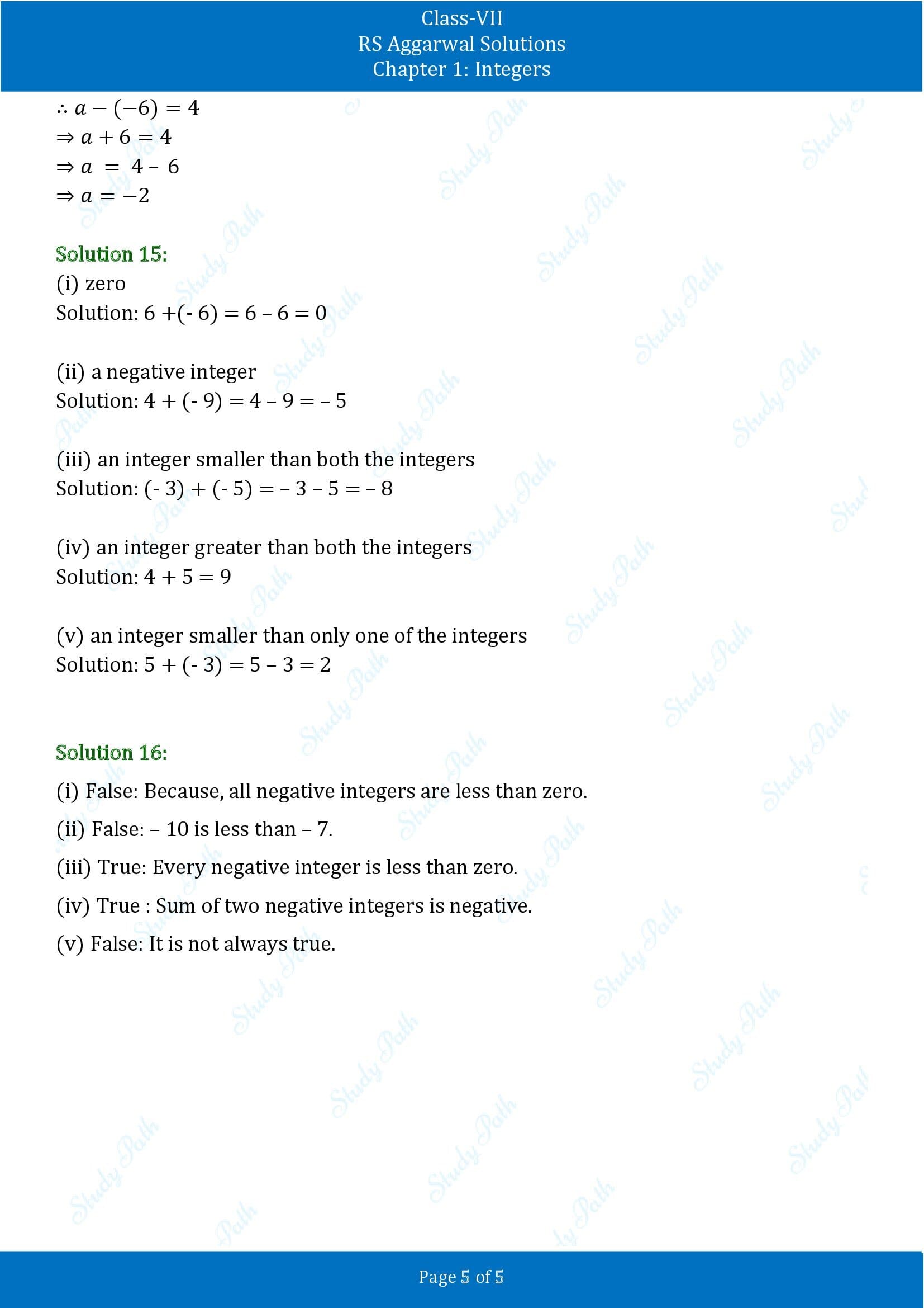 RS Aggarwal Solutions Class 7 Chapter 1 Integers Exercise 1A 0005