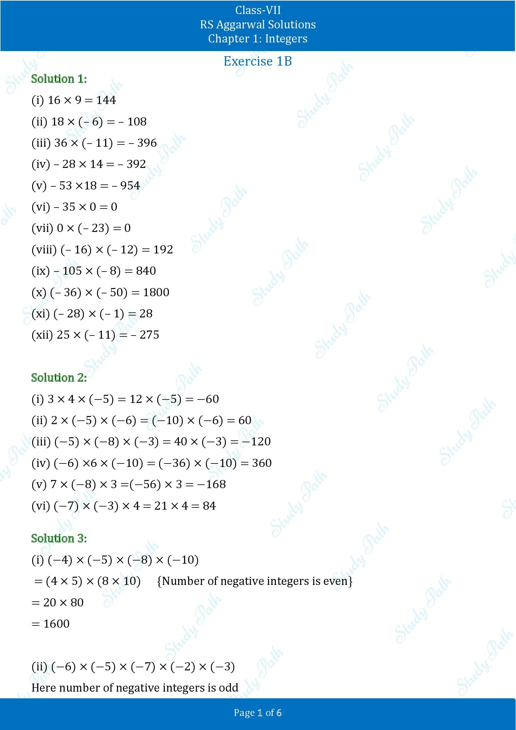 RS Aggarwal Solutions Class 7 Chapter 1 Integers Exercise 1B 00001