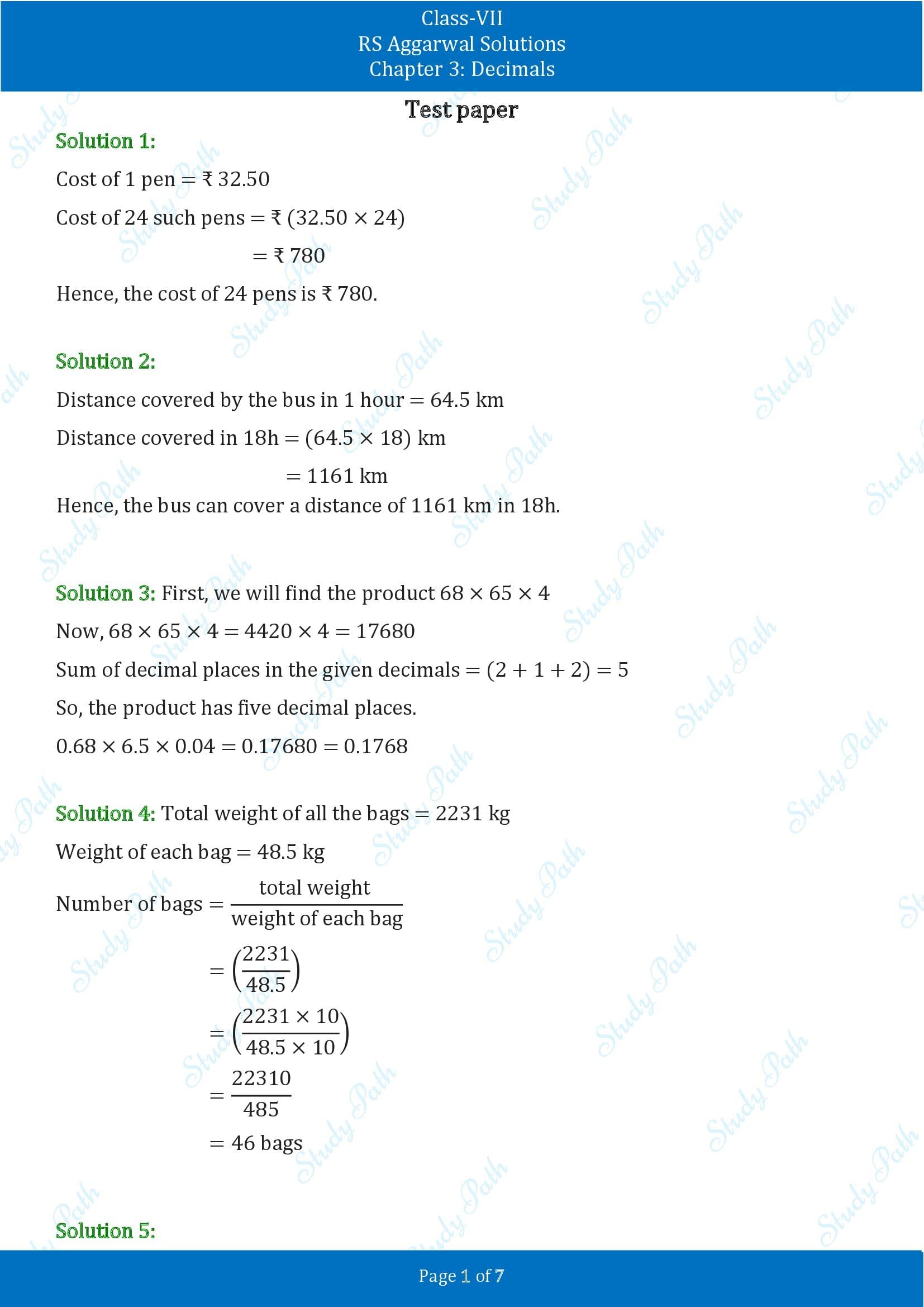 RS Aggarwal Solutions Class 7 Chapter 3 Decimals Test Paper 00001